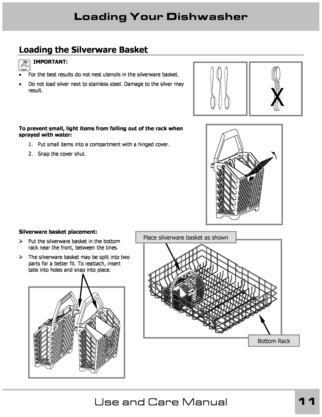 Dacor 65537 Loading the Silverware Basket, Place silverware basket as shown, Loading Your Dishwasher, Use and Care Manual 