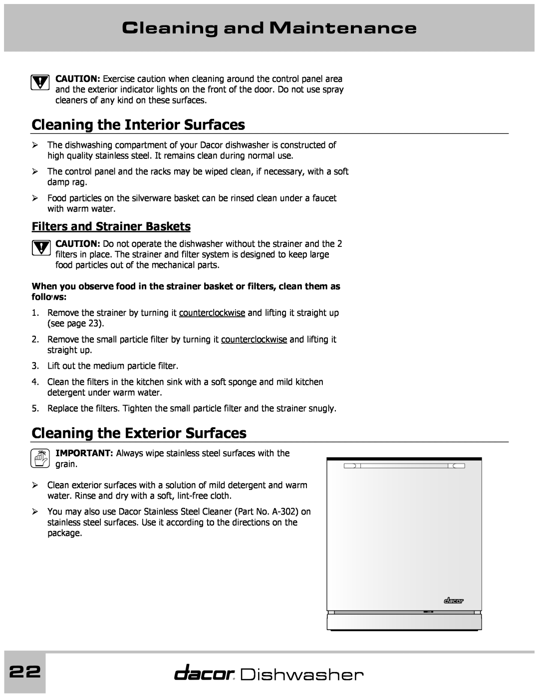 Dacor 65537 manual Cleaning and Maintenance, Cleaning the Interior Surfaces, Cleaning the Exterior Surfaces, Dishwasher 