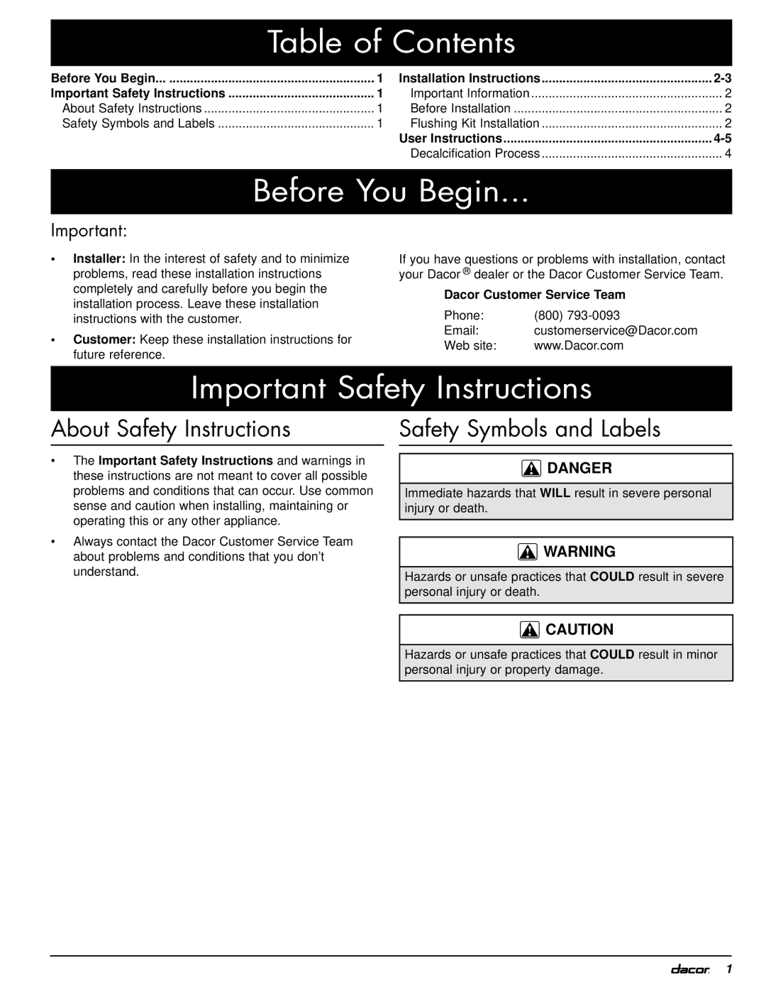 Dacor ACFS manual Table of Contents, Before You Begin, Important Safety Instructions 