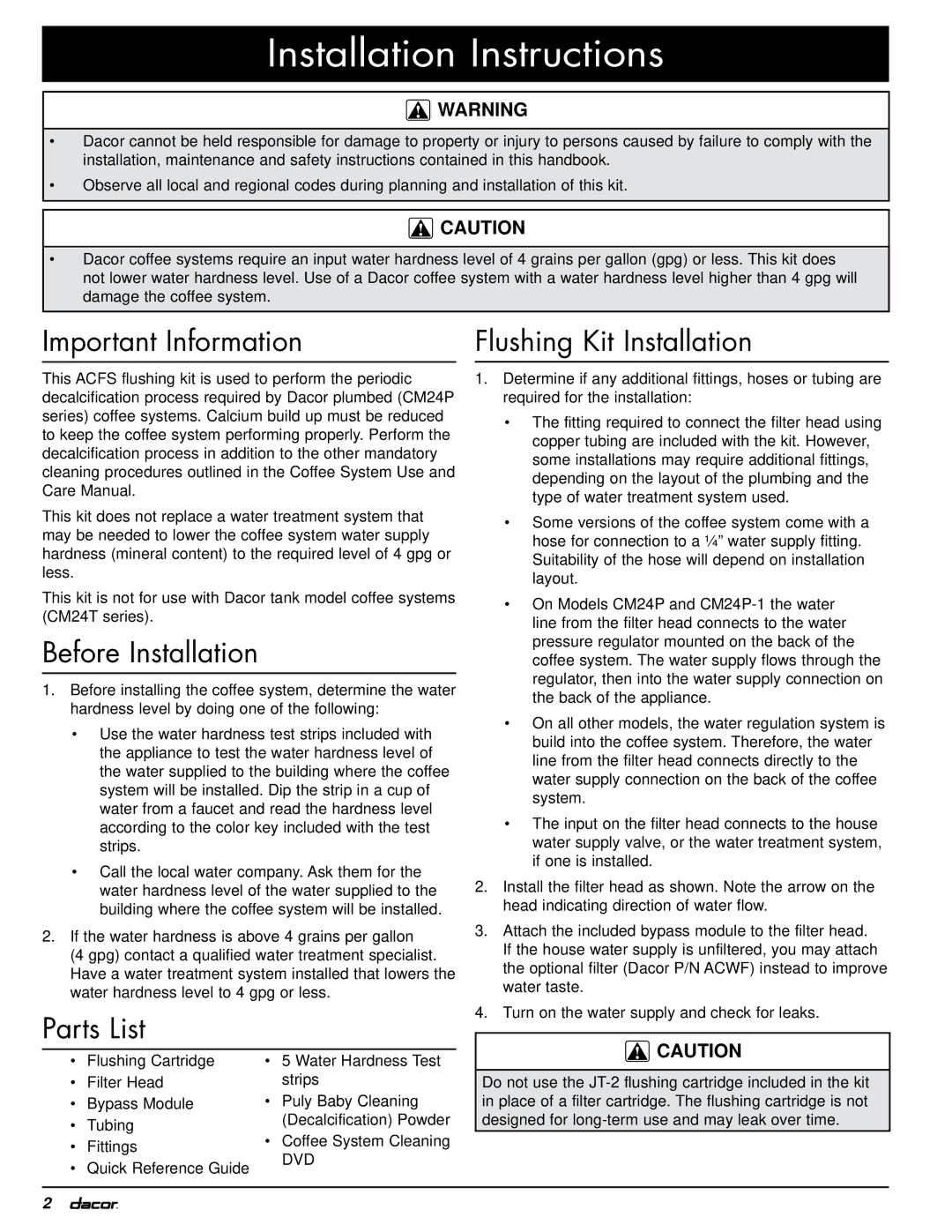 Dacor ACFS Installation Instructions, Important Information, Before Installation, Parts List Flushing Kit Installation 