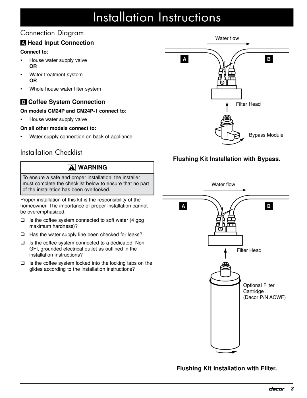 Dacor ACFS manual Connection Diagram, Installation Checklist 