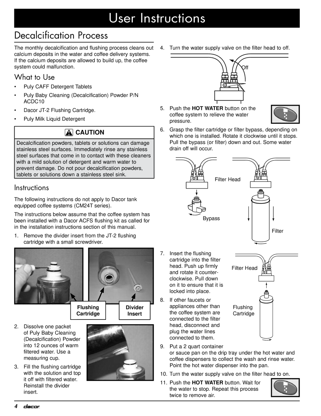 Dacor ACFS manual User Instructions, Decalcification Process, What to Use 