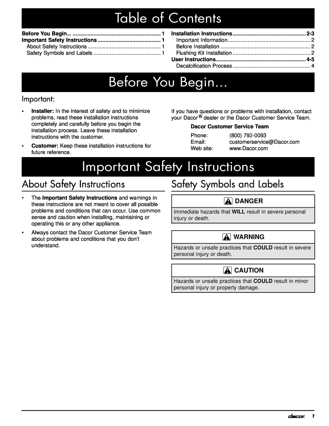Dacor ACFS manual Table of Contents, Before You Begin, Important Safety Instructions, About Safety Instructions, Danger 