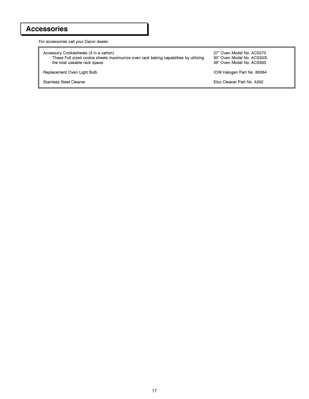 Dacor ACS273, ACS303, ACS363 manual Accessories 