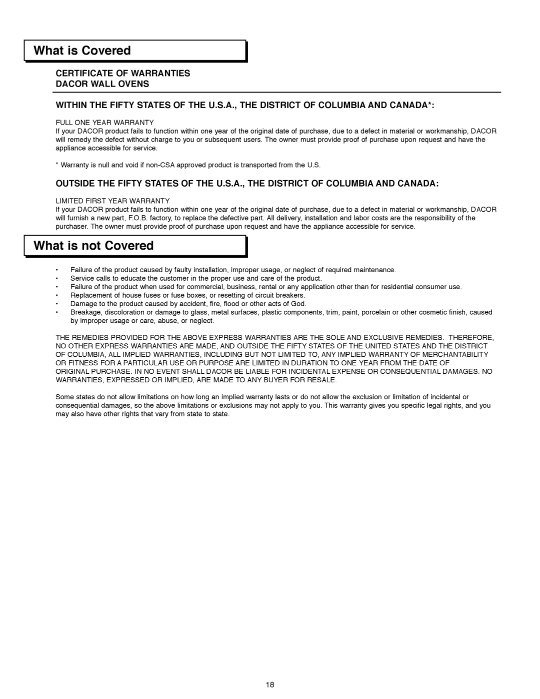 Dacor ACS363, ACS303, ACS273 manual What is Covered, What is not Covered 