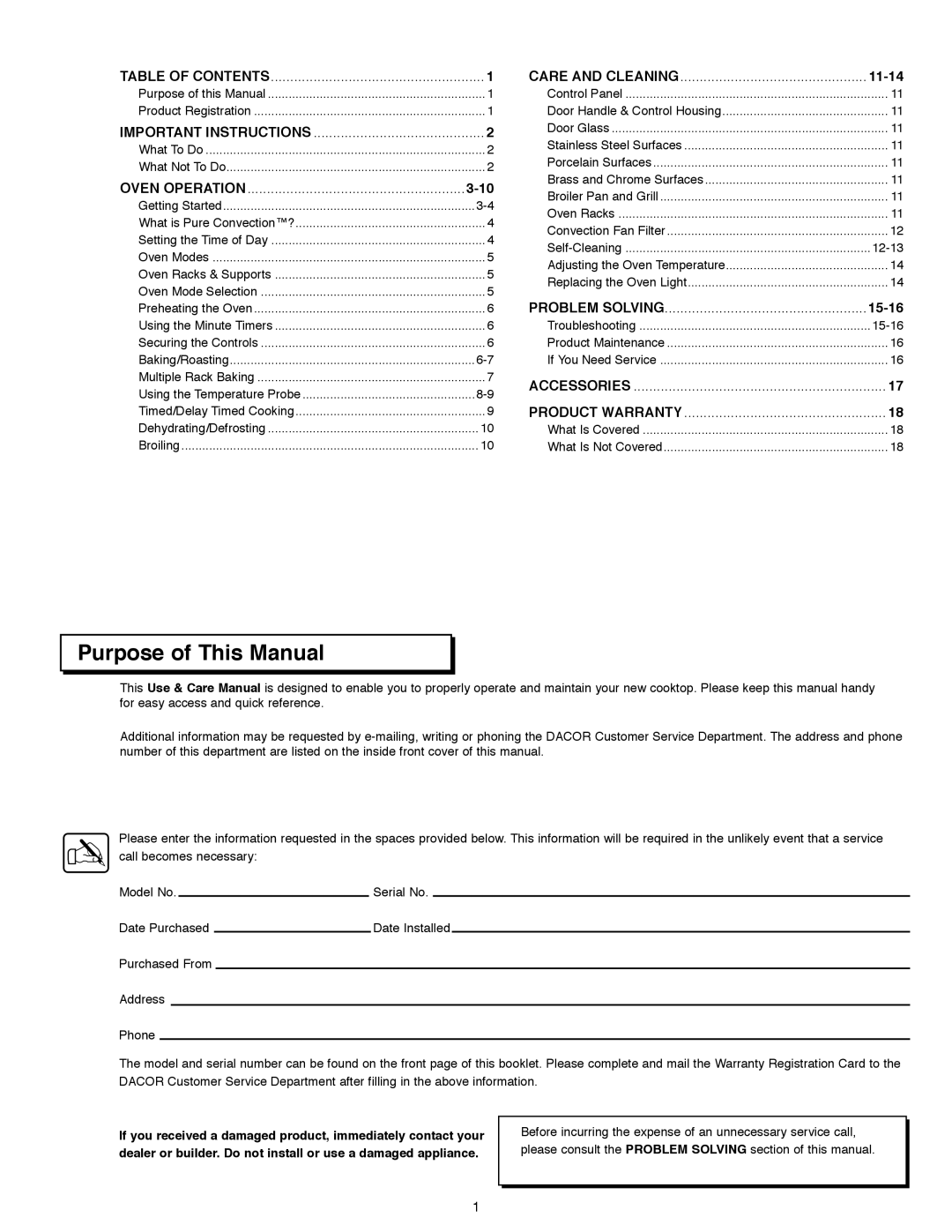 Dacor ACS303, ACS273, ACS363 manual Purpose of This Manual, 11-14, 15-16 