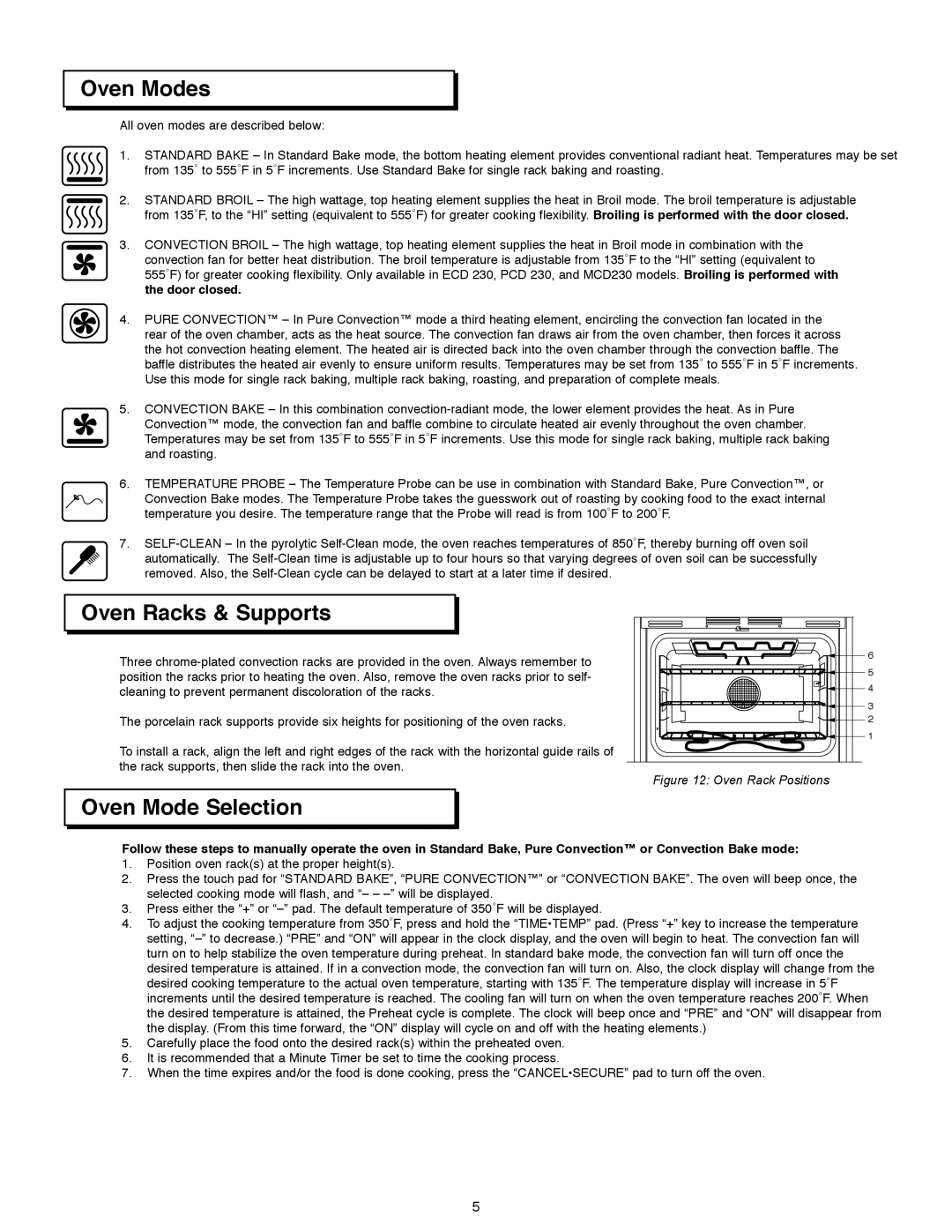 Dacor ACS273, ACS303, ACS363 manual Oven Modes, Oven Racks & Supports, Oven Mode Selection 