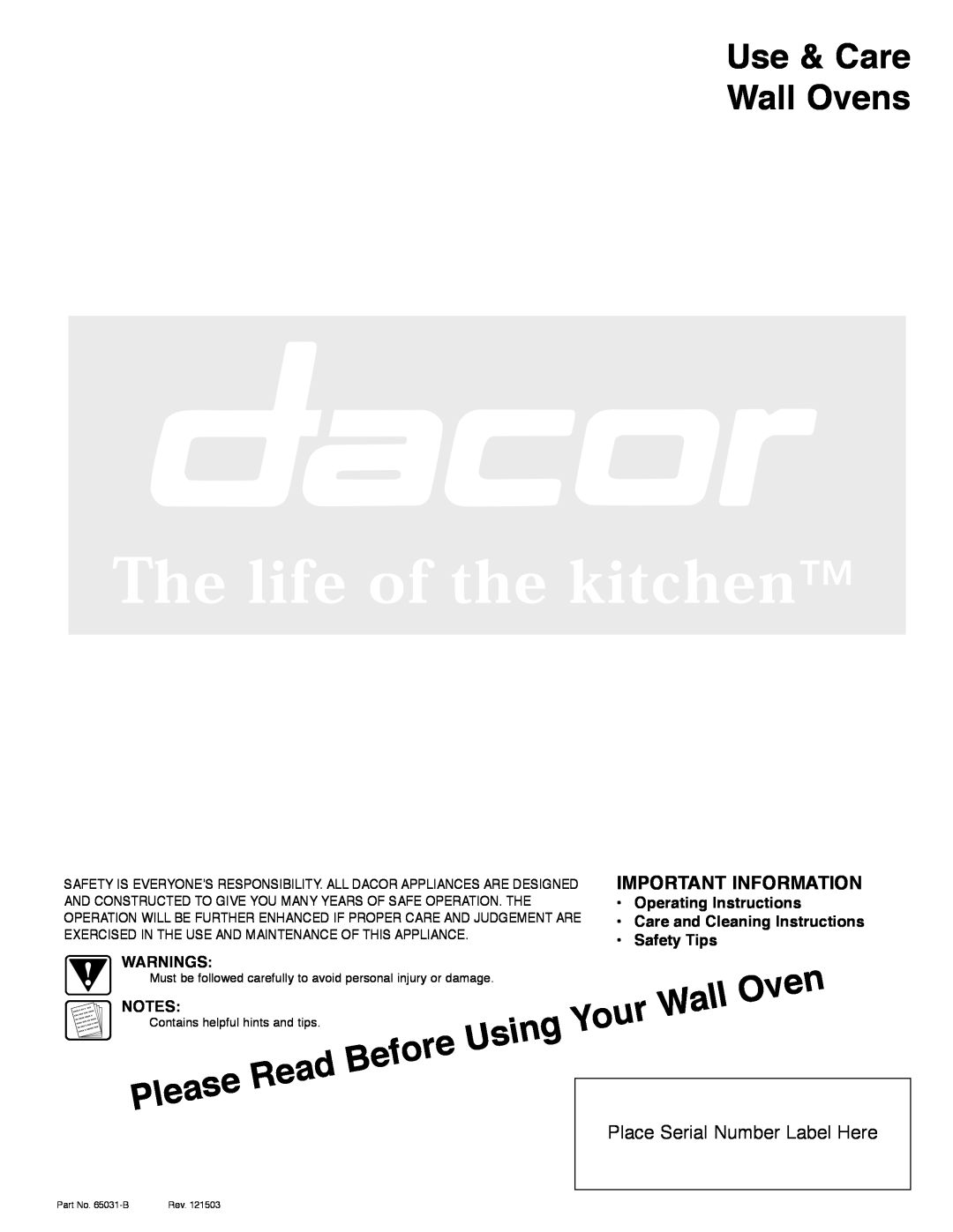Dacor ACS273, ACS303, ACS363 manual Use & Care Wall Ovens, Important Information, Place Serial Number Label Here 