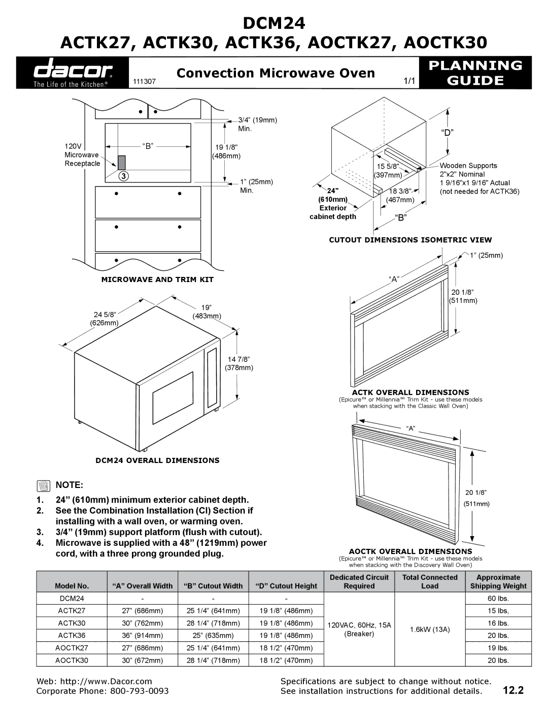 Dacor specifications DCM24 ACTK27, ACTK30, ACTK36, AOCTK27, AOCTK30, Planning, Guide 