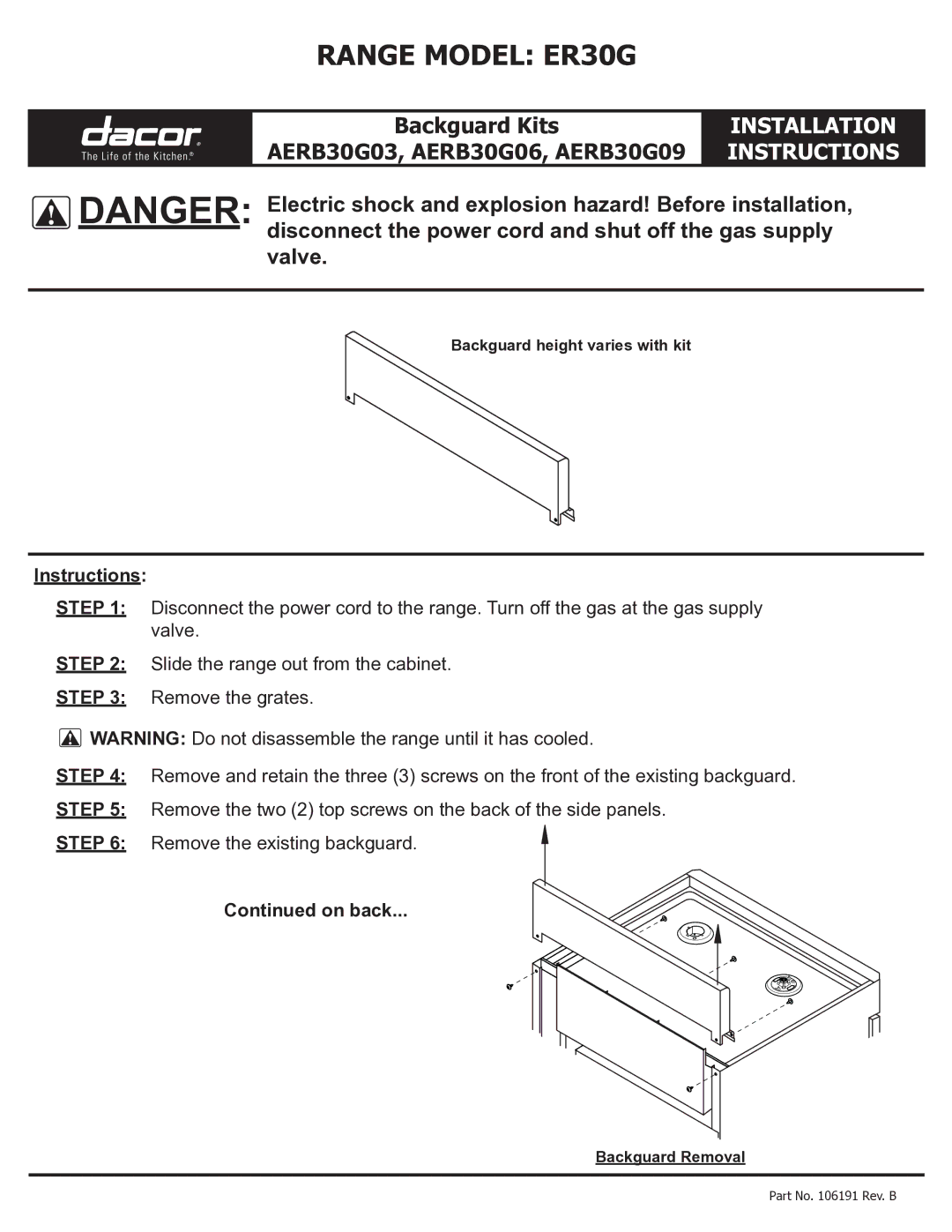 Dacor AERB30G09, AERB30G03, AERB30G06 installation instructions Range Model ER30G, Installation, Instructions, On back 