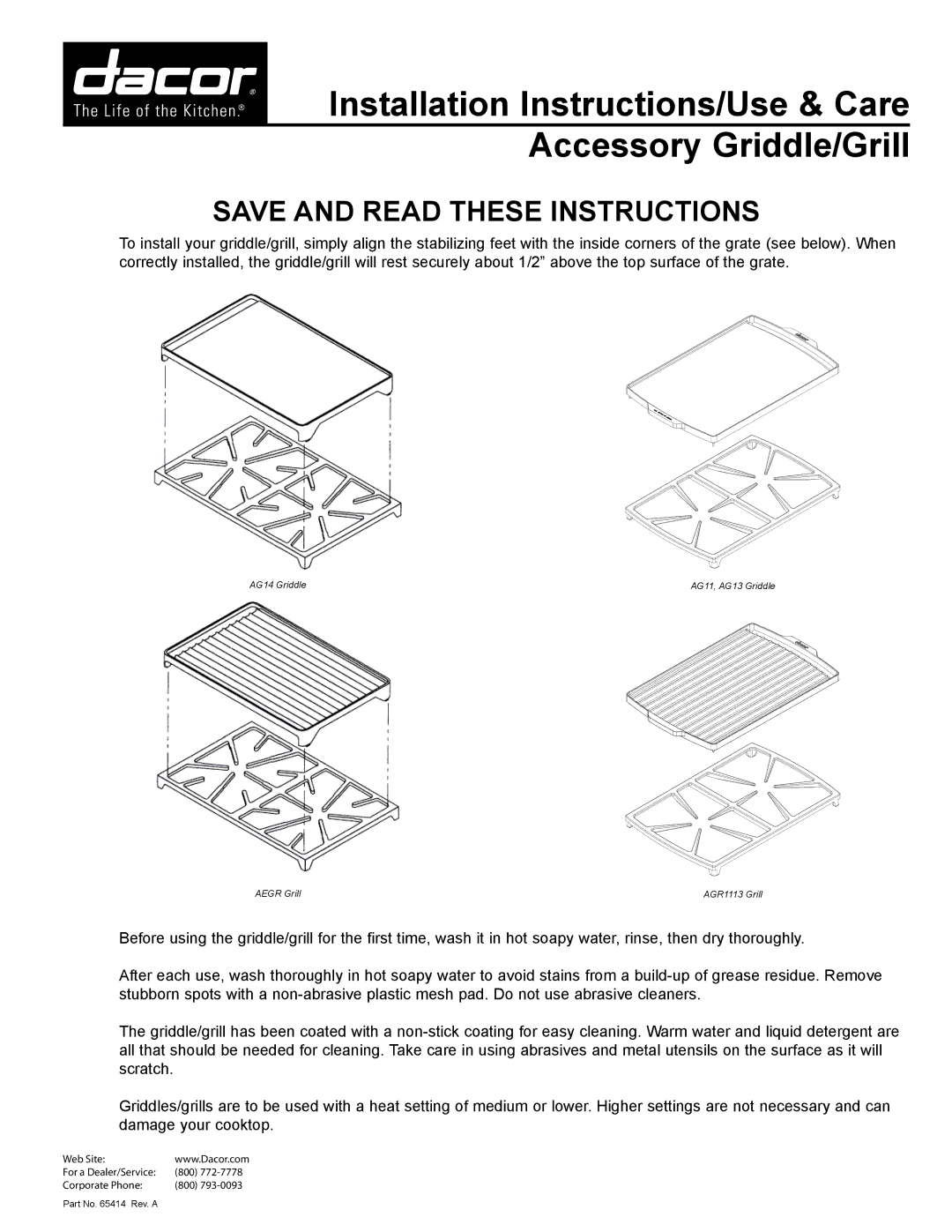 Dacor AGR1113 Grill, AG14 Griddle, AG11, AG13 Griddle, AEGR Grill installation instructions Save and read these instructions 