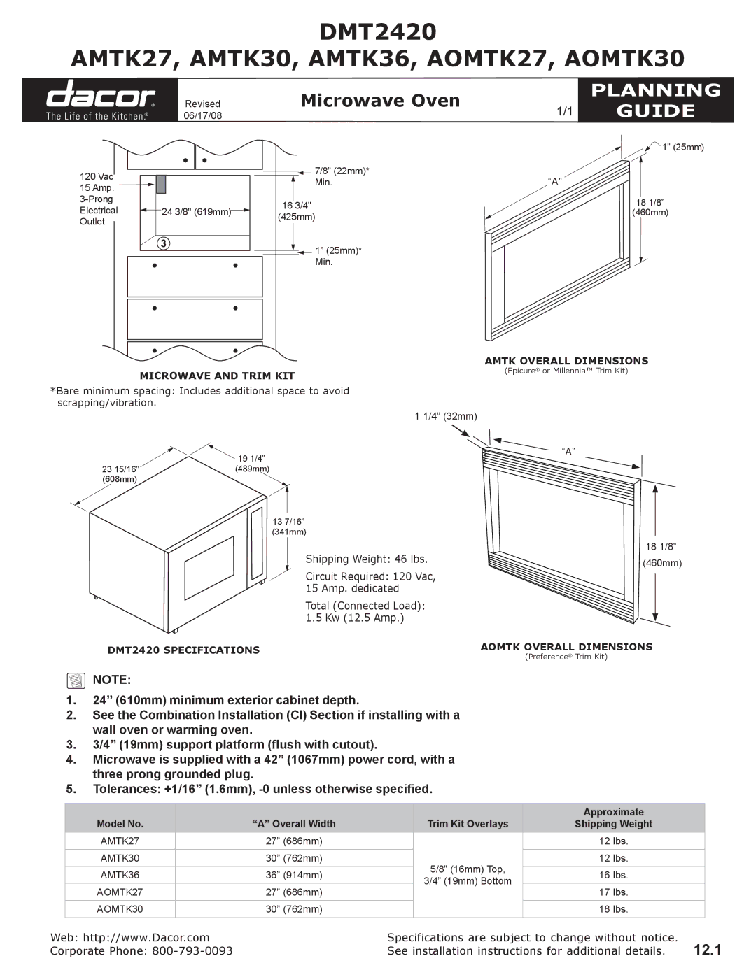 Dacor specifications AMTK27, AMTK30, AMTK36, AOMTK27, AOMTK30, Planning, Guide, Shipping Weight 46 lbs 