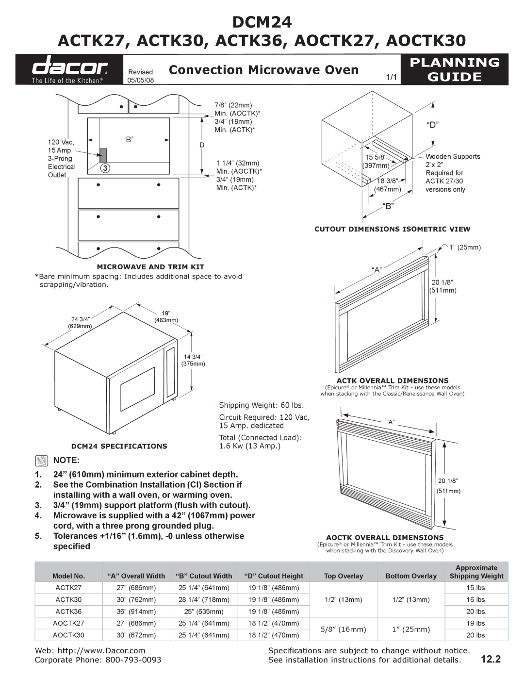 Dacor AMTK36, AMTK27, AMTK30 DCM24 ACTK27, ACTK30, ACTK36, AOCTK27, AOCTK30, Kw 13 Amp, Cutout dimensions isometric view 