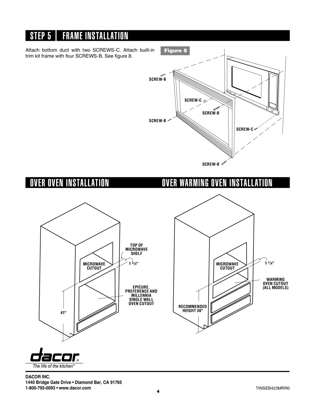 Dacor AOCTK27 installation instructions Frame Installation, Over Oven Installation 