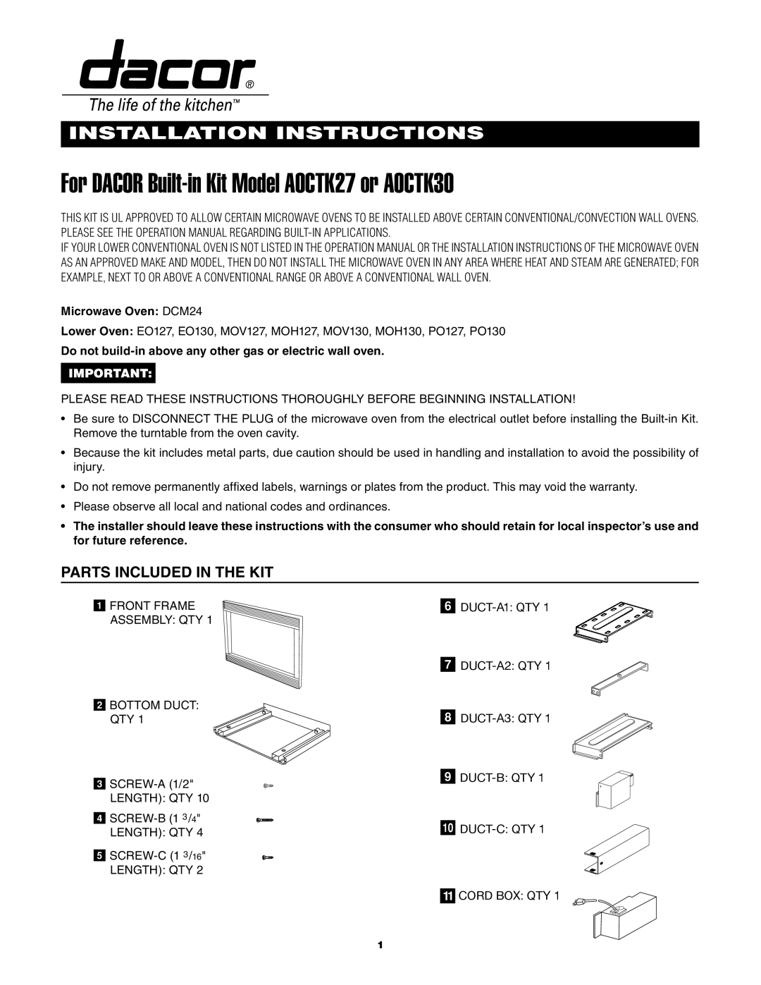 Dacor installation instructions For DACOR Built-in Kit Model AOCTK27 or AOCTK30, Installation Instructions 