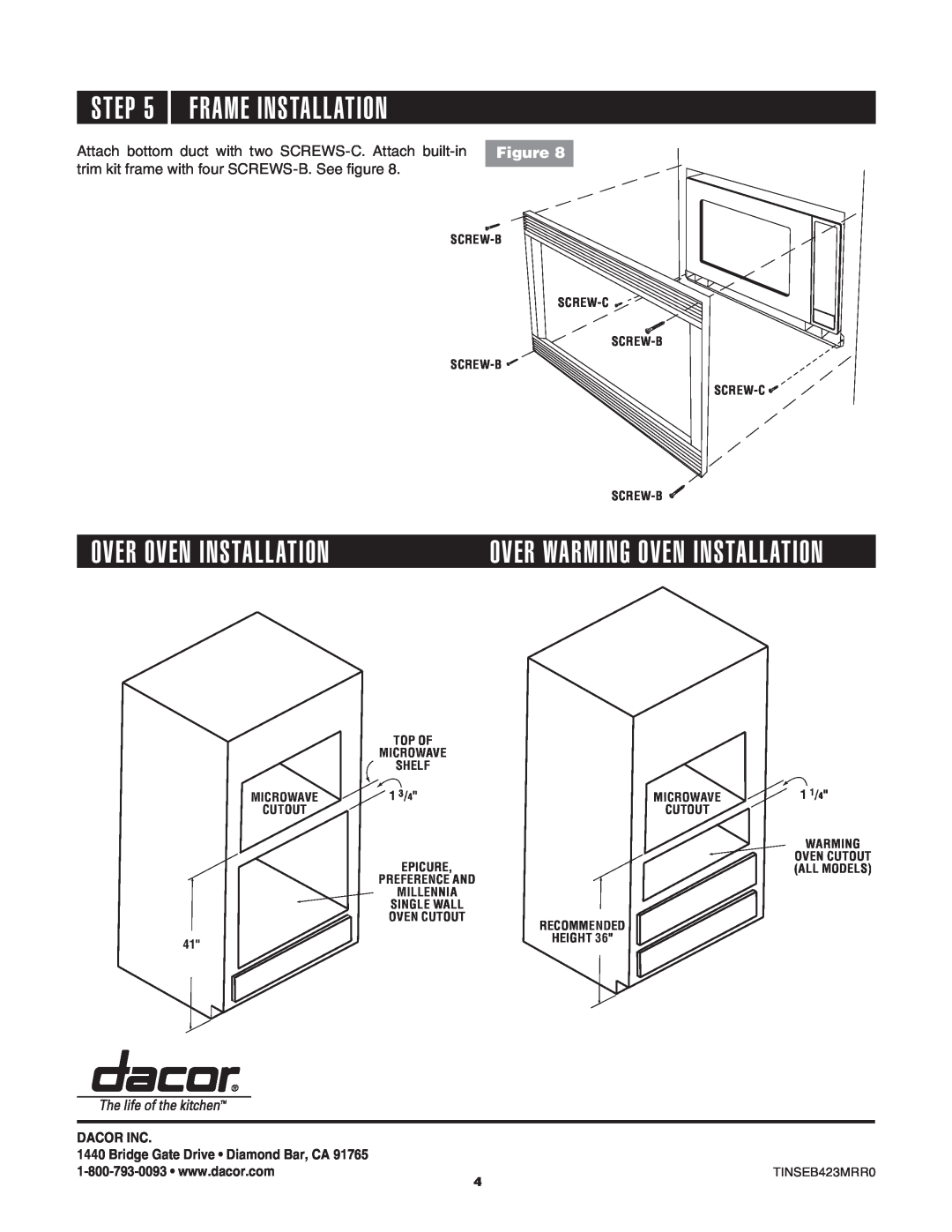 Dacor AOCTK27 Frame Installation, Over Oven Installation, Over Warming Oven Installation, Dacor Inc, Screw-B, Microwave 
