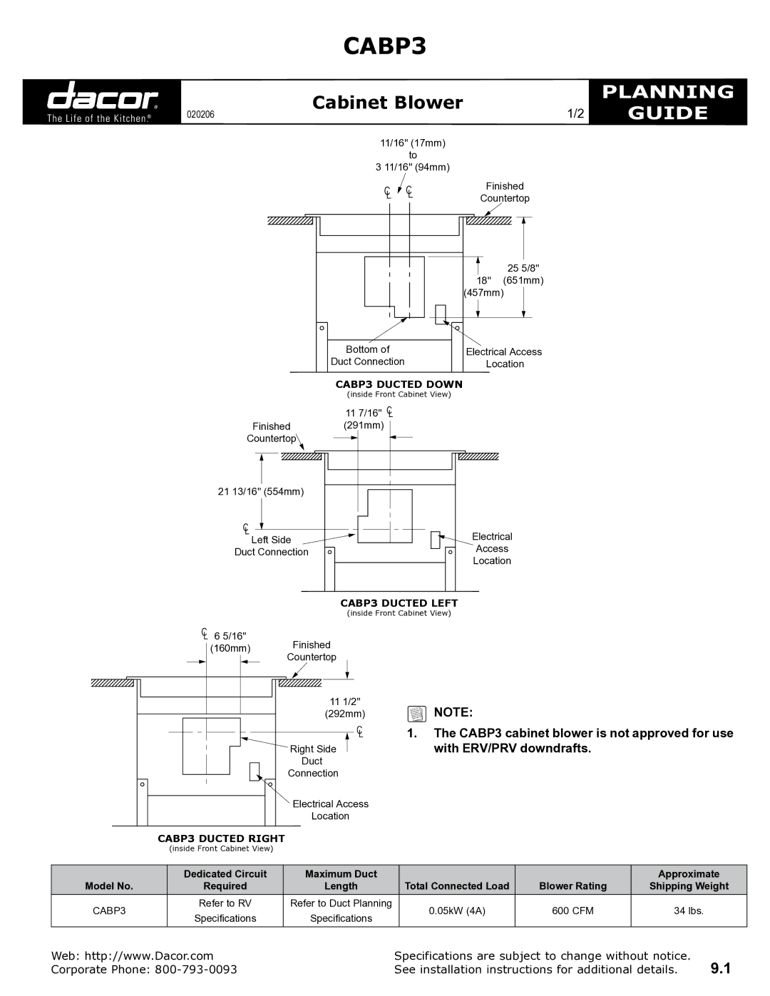 Dacor CABP3 specifications Planning, Guide 