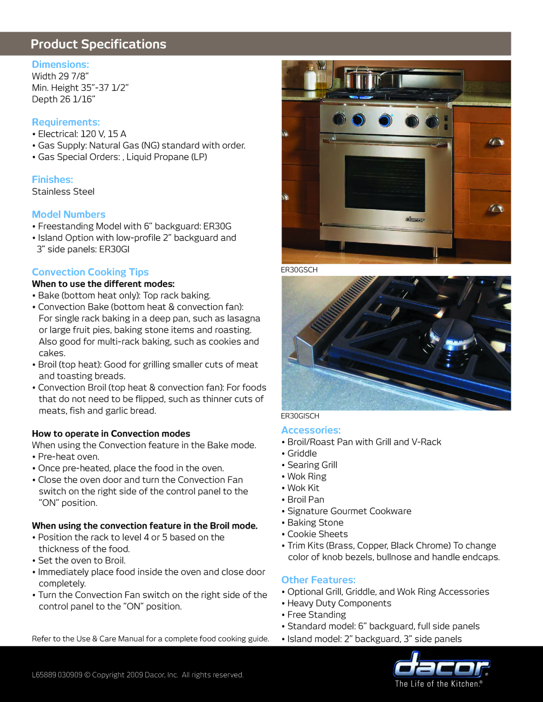 Dacor Cooktop Dimensions, Requirements, Finishes, Model Numbers, Convection Cooking Tips, Accessories, Other Features 