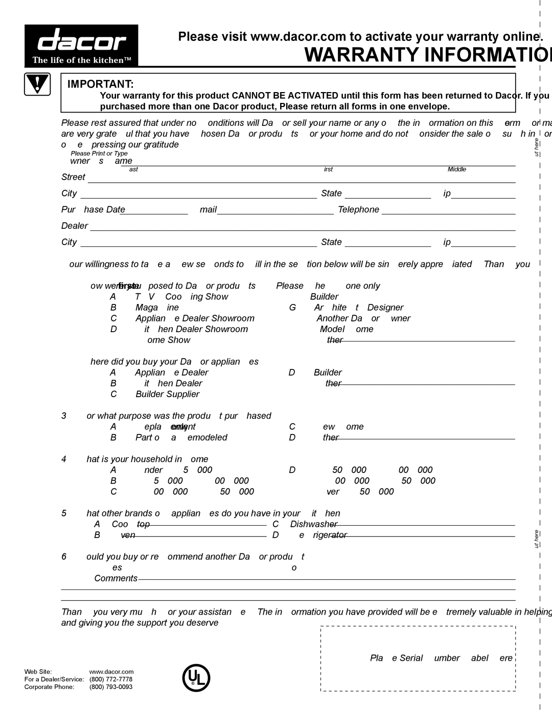 Dacor Cooktops manual Warranty Information 