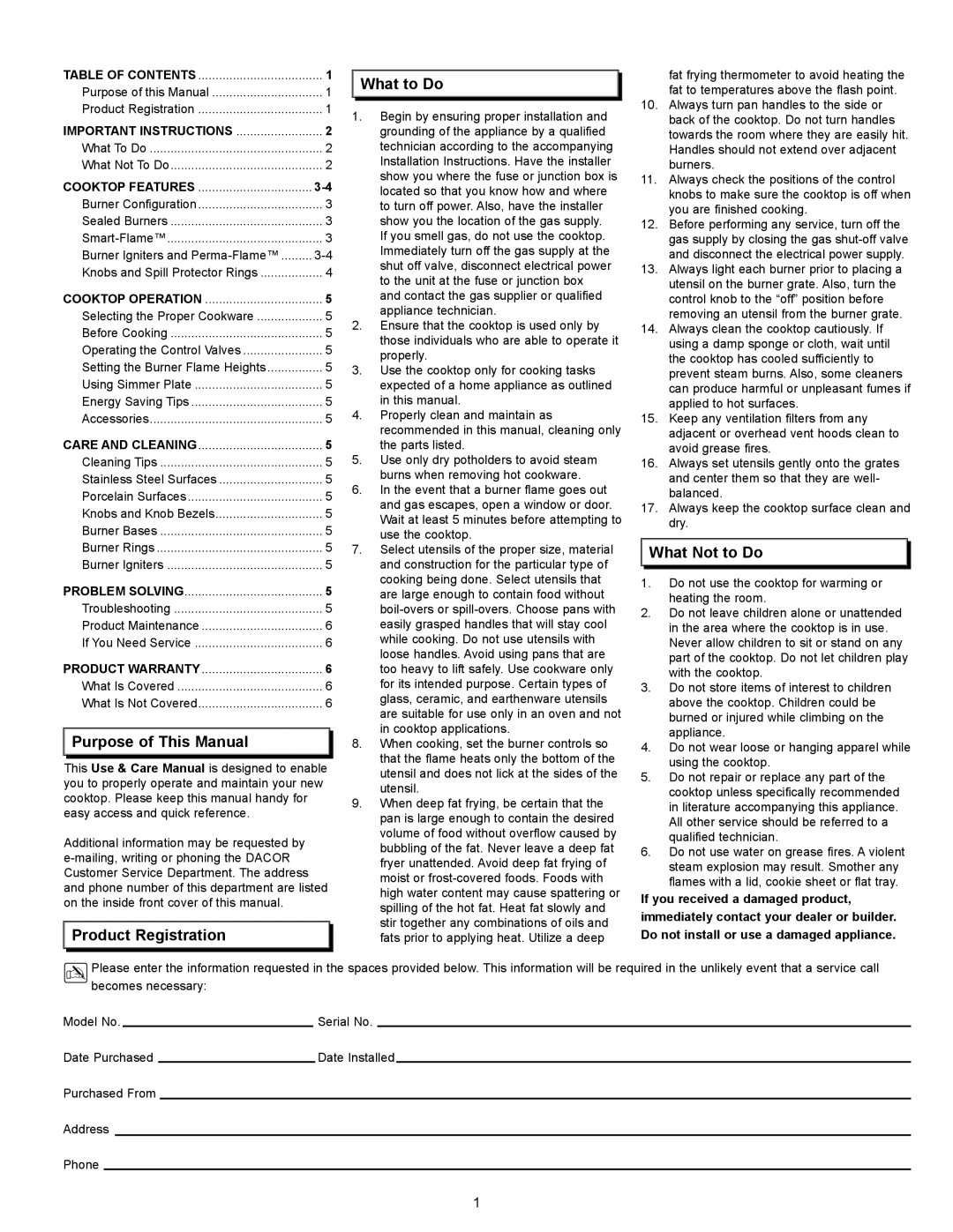 Dacor Cooktops manual Purpose of This Manual, Product Registration What to Do, What Not to Do 