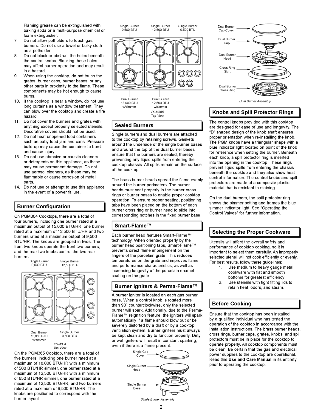 Dacor Cooktops manual Burner Configuration, Sealed Burners, Knobs and Spill Protector Rings, Smart-Flame, Before Cooking 