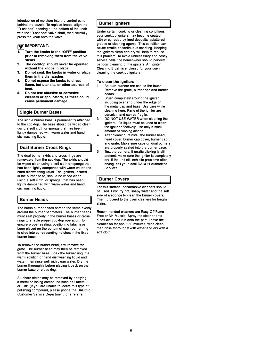 Dacor Cooktops manual Single Burner Bases, Dual Burner Cross Rings, Burner Heads, Burner Igniters, Burner Covers 