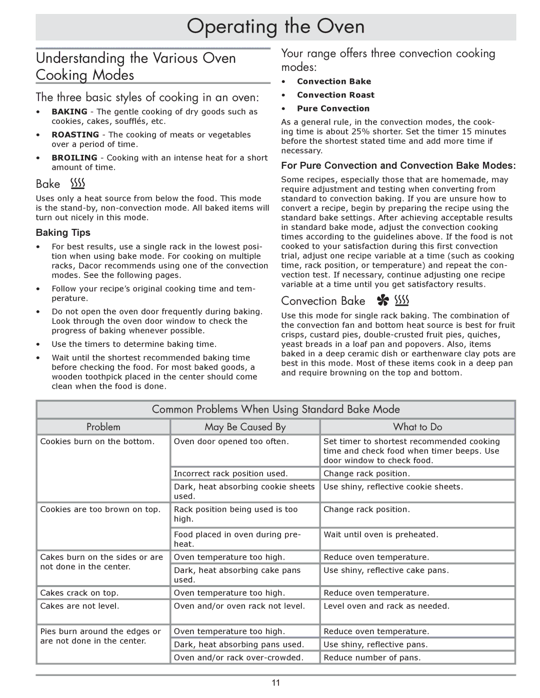 Dacor dacor Understanding the Various Oven Cooking Modes, Three basic styles of cooking in an oven, Convection Bake 