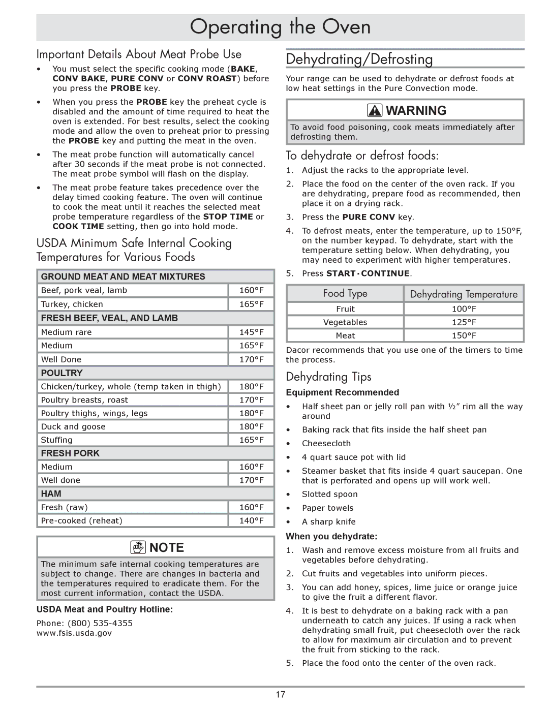 Dacor dacor Dehydrating/Defrosting, Important Details About Meat Probe Use, To dehydrate or defrost foods 