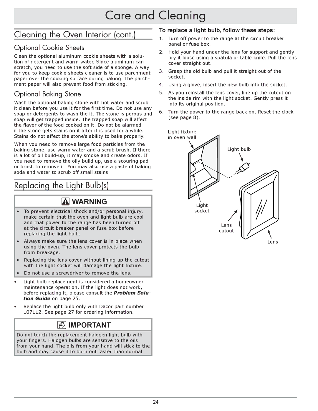 Dacor dacor important safety instructions Replacing the Light Bulbs, Optional Cookie Sheets, Optional Baking Stone 