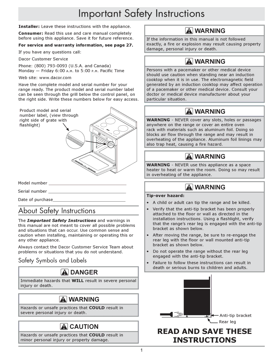 Dacor dacor Important Safety Instructions, About Safety Instructions, Safety Symbols and Labels, Tip-over hazard 