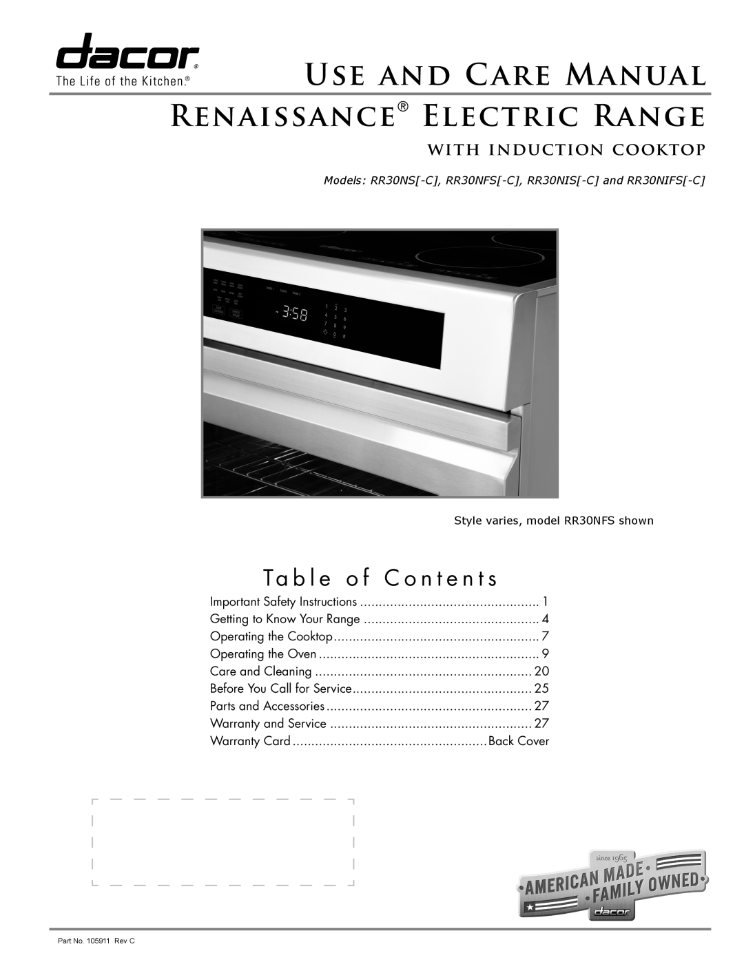 Dacor dacor important safety instructions Ta b l e o f C o n t e n t s, Use And Care Manual Renaissance Electric Range 