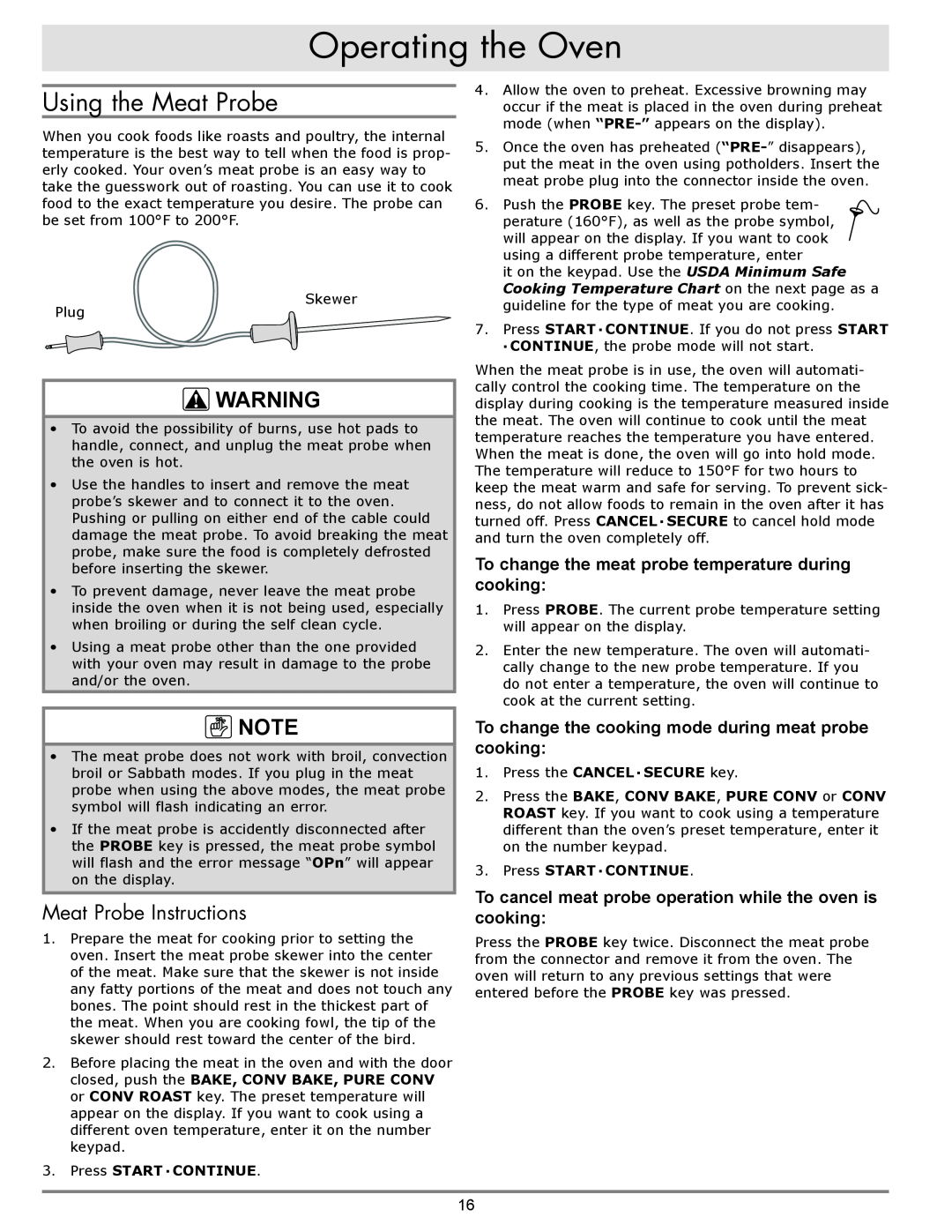Dacor dacor important safety instructions Using the Meat Probe, Meat Probe Instructions, Operating the Oven 