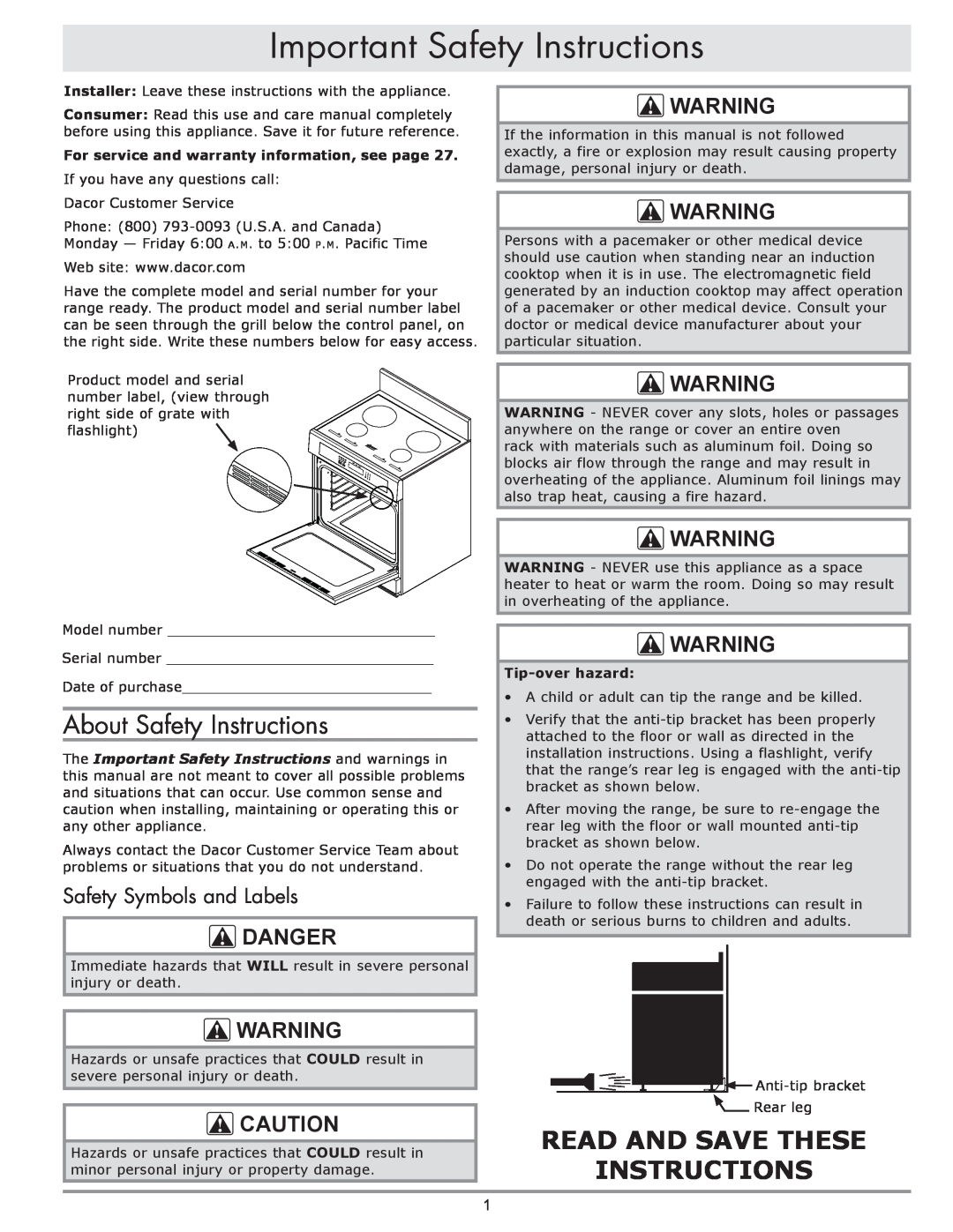 Dacor dacor Important Safety Instructions, About Safety Instructions, danger, Safety Symbols and Labels 