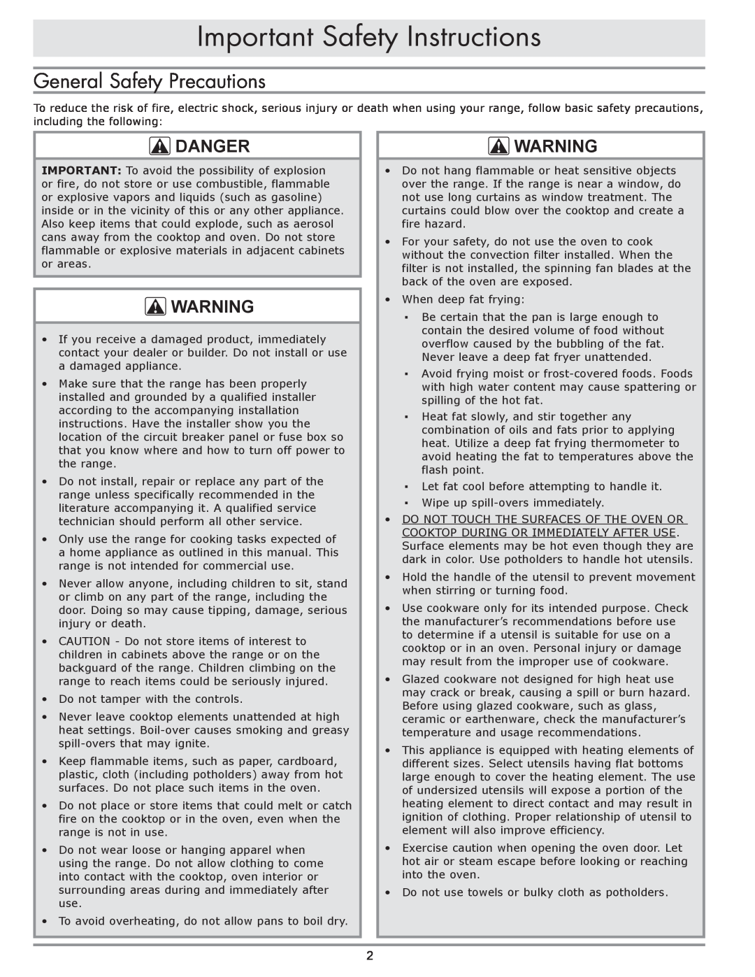 Dacor dacor important safety instructions General Safety Precautions, Important Safety Instructions, danger 