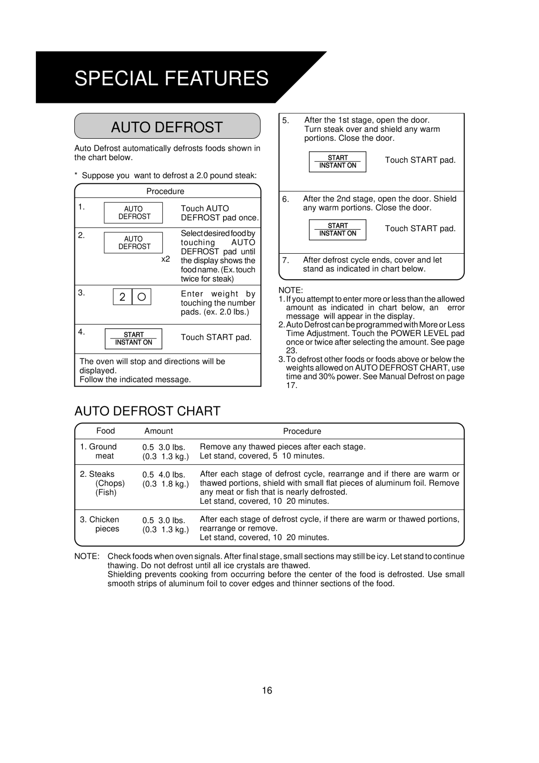 Dacor DCM24 warranty Special Features, Auto Defrost Chart, Food Amount Procedure 