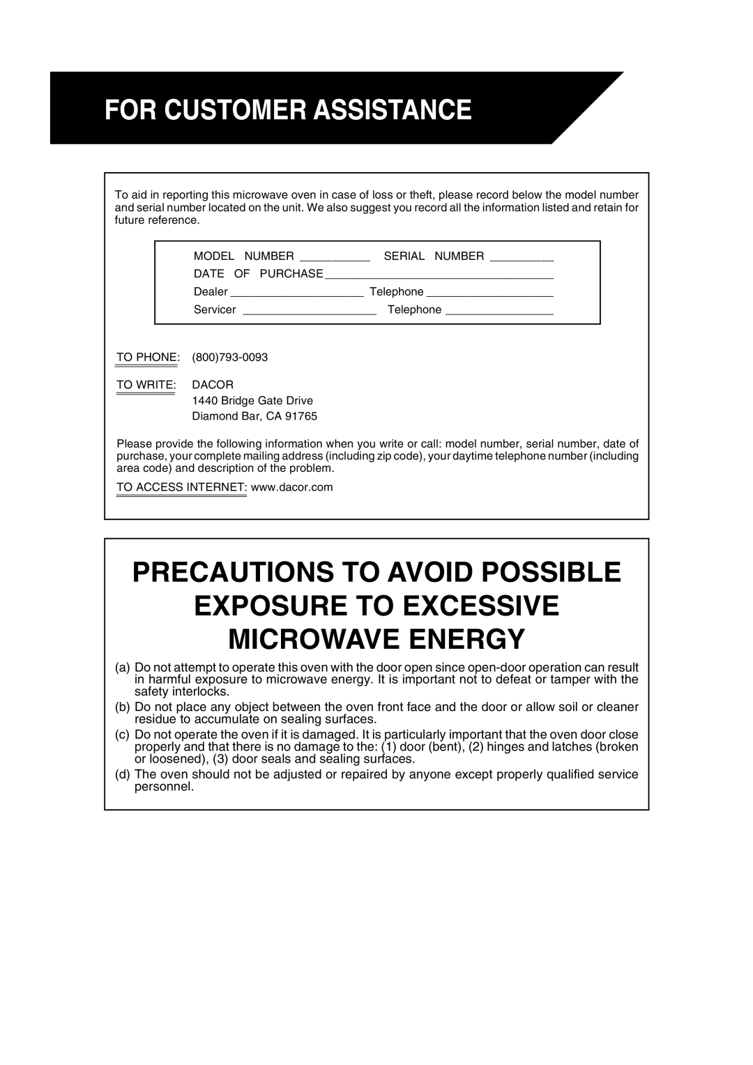 Dacor DCM24 warranty For Customer Assistance, To Write Dacor 