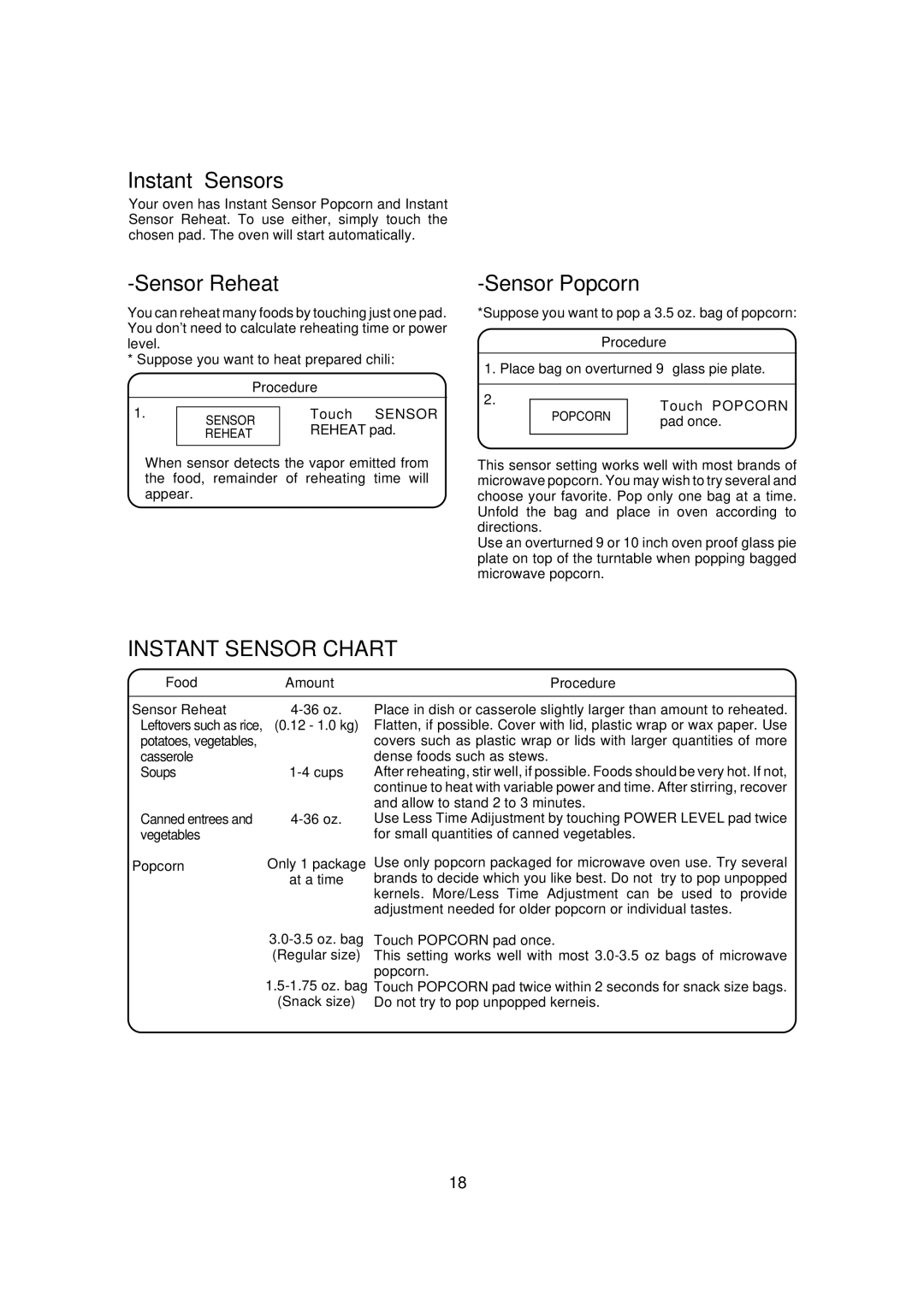 Dacor DCM24 warranty Instant Sensor Chart, Food Amount Procedure Sensor Reheat, Popcorn 