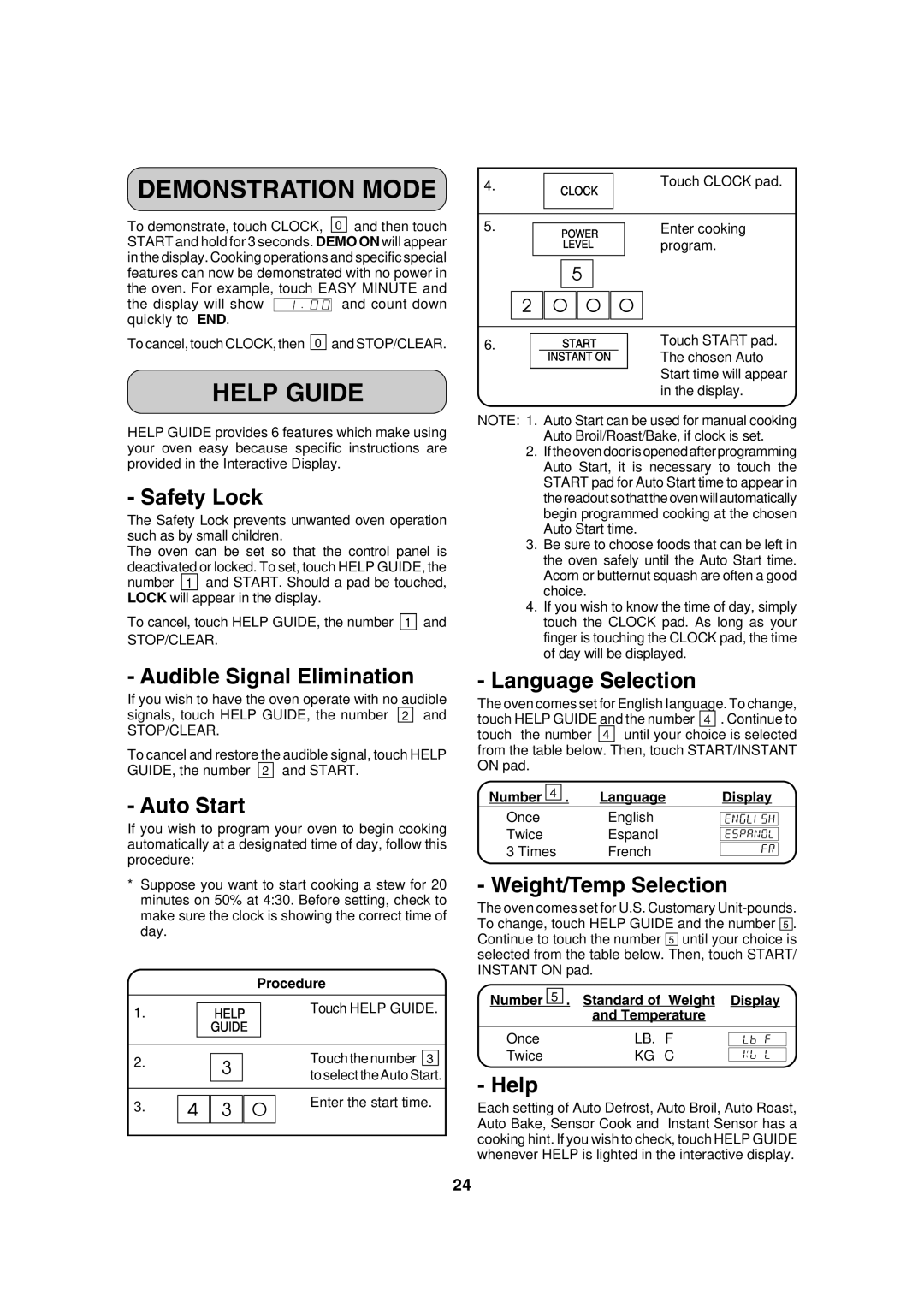 Dacor DCM24 warranty Demonstration Mode, Help Guide, Number Language Display, Number Standard of Weight Display Temperature 