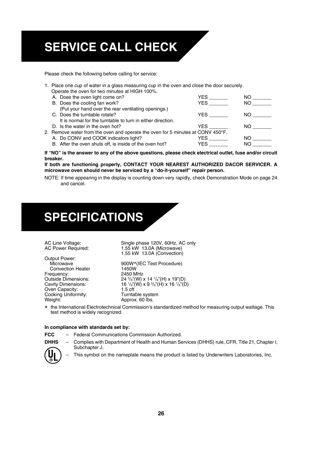 Dacor DCM24 warranty Service Call Check, Specifications, Fcc, Dhhs 