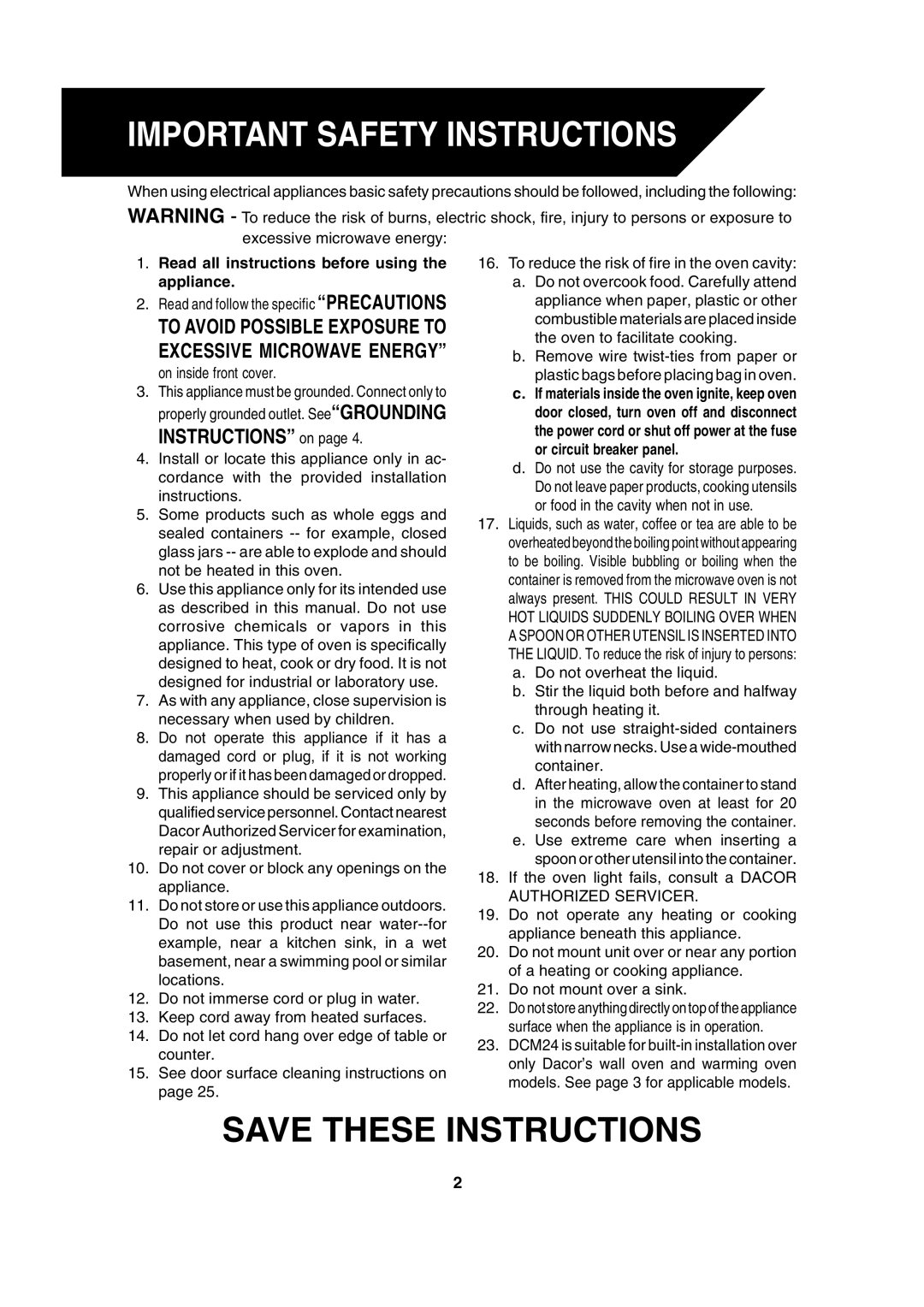 Dacor DCM24 warranty Important Safety Instructions, To Avoid Possible Exposure to Excessive Microwave Energy 