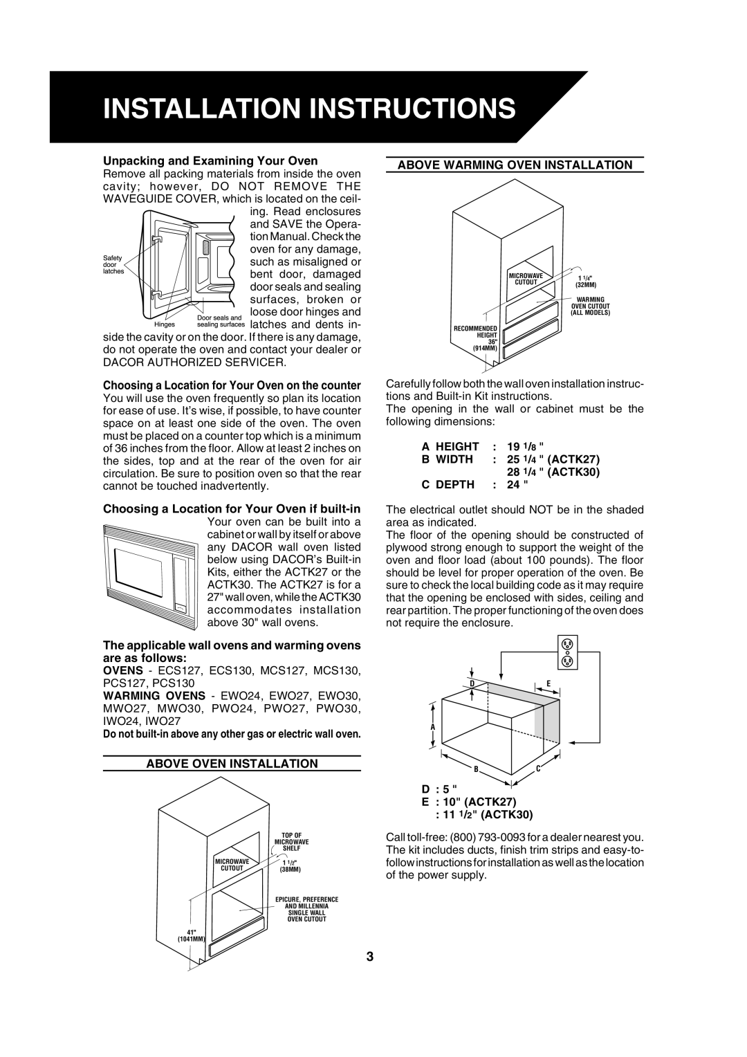 Dacor DCM24 warranty Installation Instructions, Height, Width, Depth 