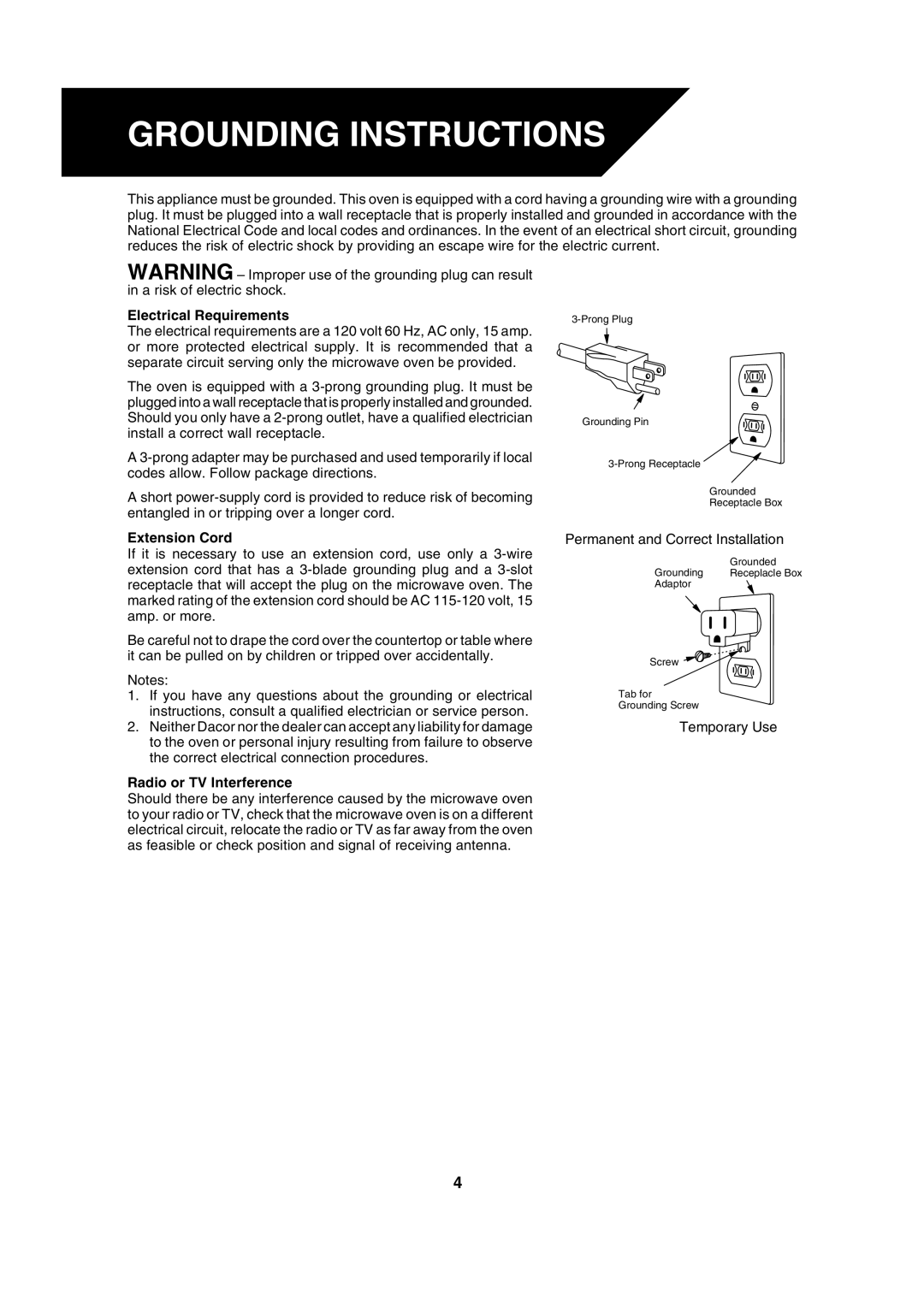 Dacor DCM24 warranty Grounding Instructions, Electrical Requirements, Extension Cord, Radio or TV Interference 