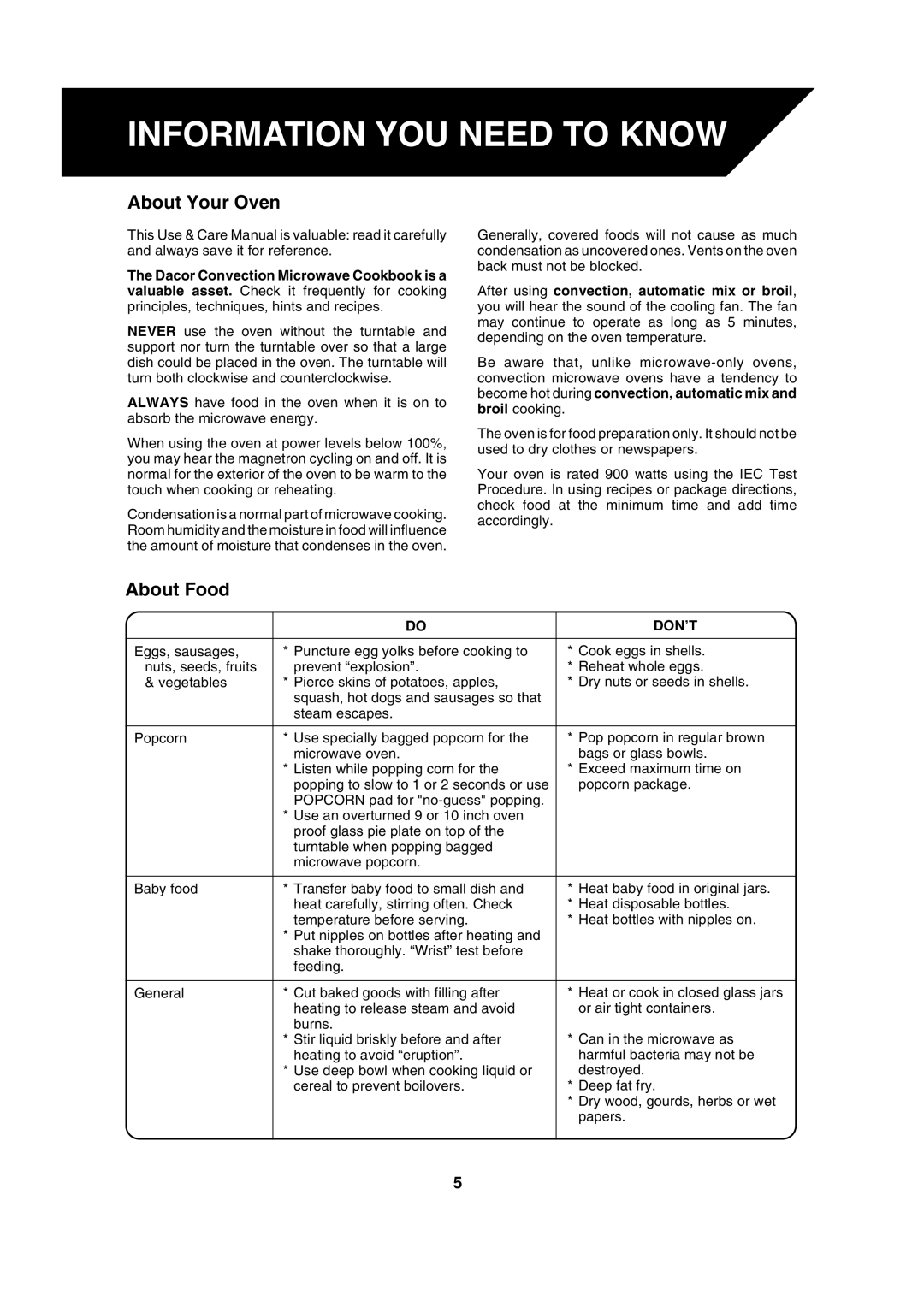 Dacor DCM24 warranty Information YOU Need to Know, About Your Oven, About Food, Don’T 