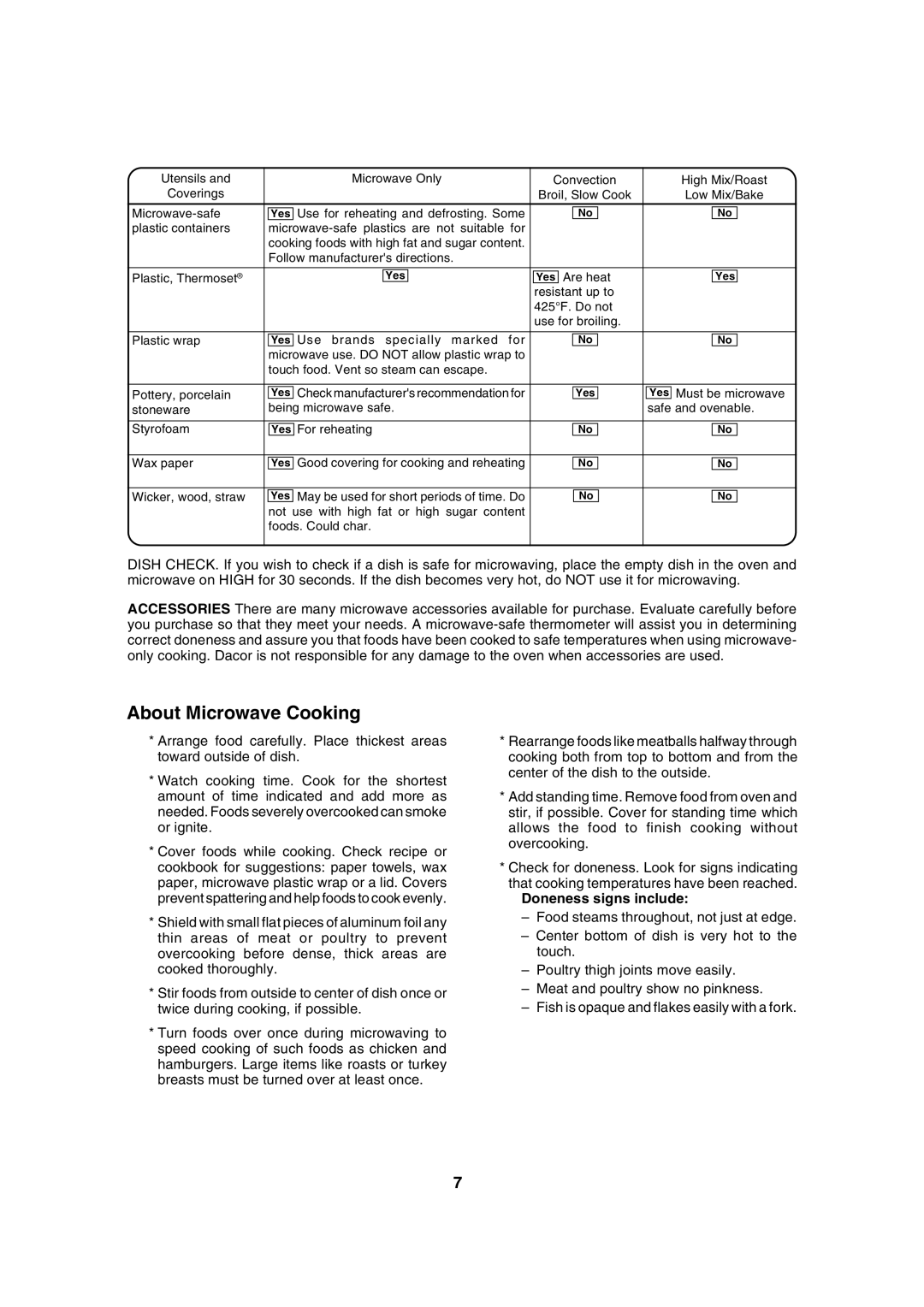 Dacor DCM24 warranty About Microwave Cooking, Doneness signs include 