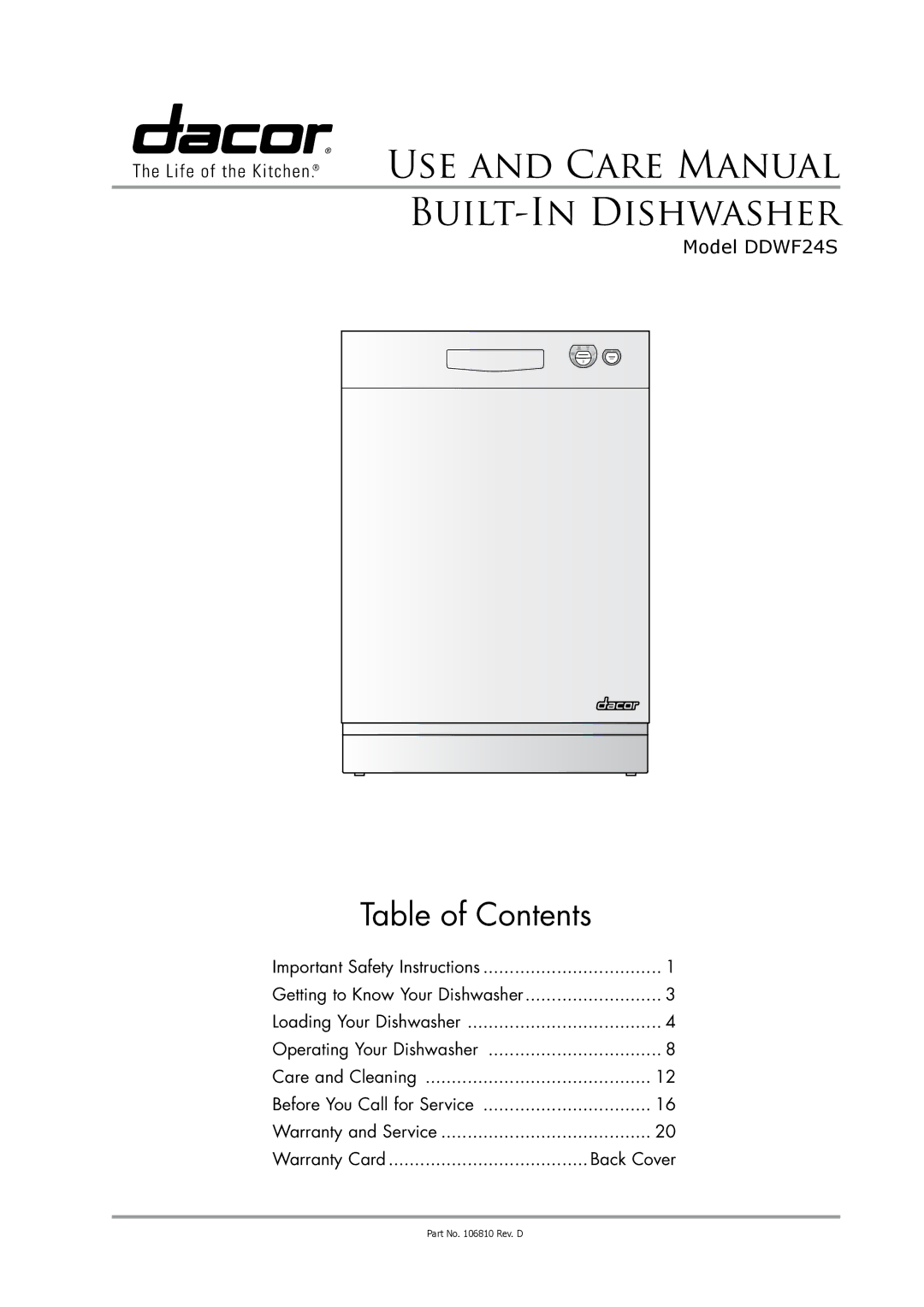 Dacor DDWF24S important safety instructions USE and Care Manual BUILT-IN Dishwasher 