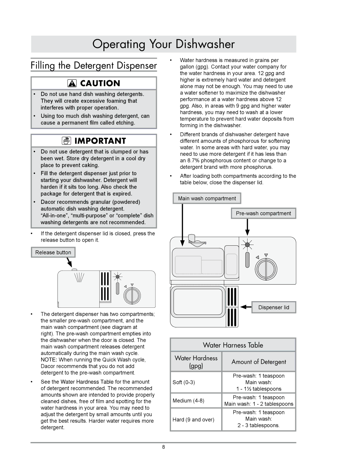 Dacor DDWF24S important safety instructions Operating Your Dishwasher, Filling the Detergent Dispenser 