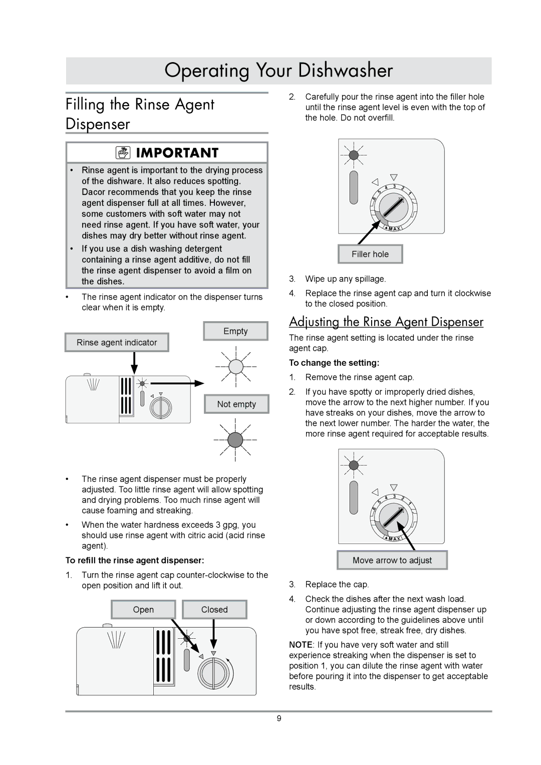 Dacor DDWF24S Adjusting the Rinse Agent Dispenser, To refill the rinse agent dispenser, To change the setting 