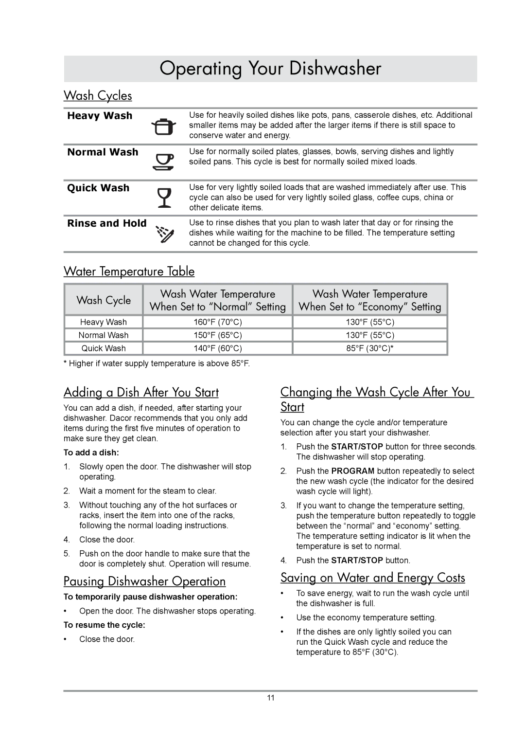 Dacor DDWF24S Wash Cycles, Water Temperature Table, Adding a Dish After You Start, Pausing Dishwasher Operation 