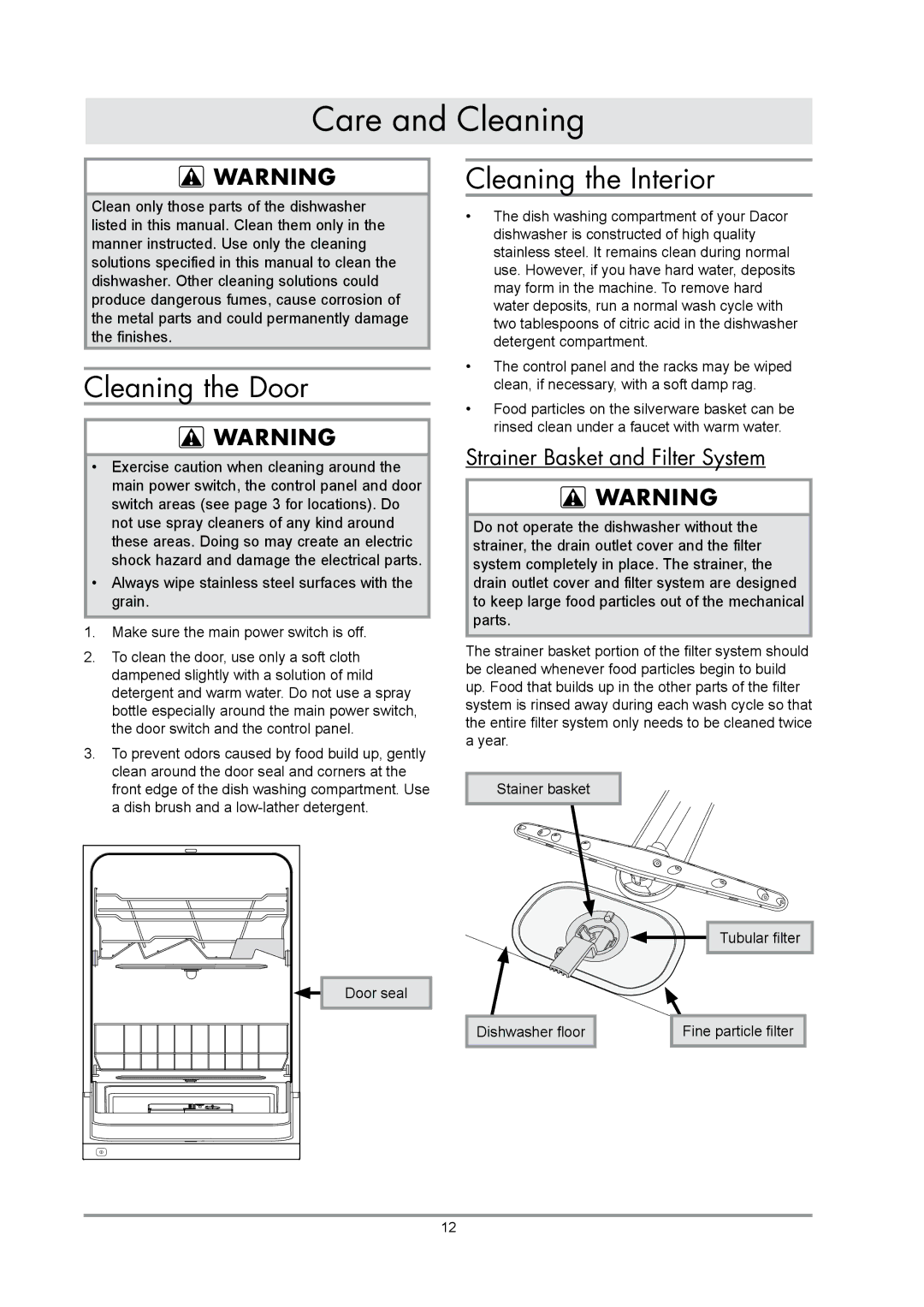 Dacor DDWF24S Care and Cleaning, Cleaning the Door, Cleaning the Interior, Strainer Basket and Filter System 