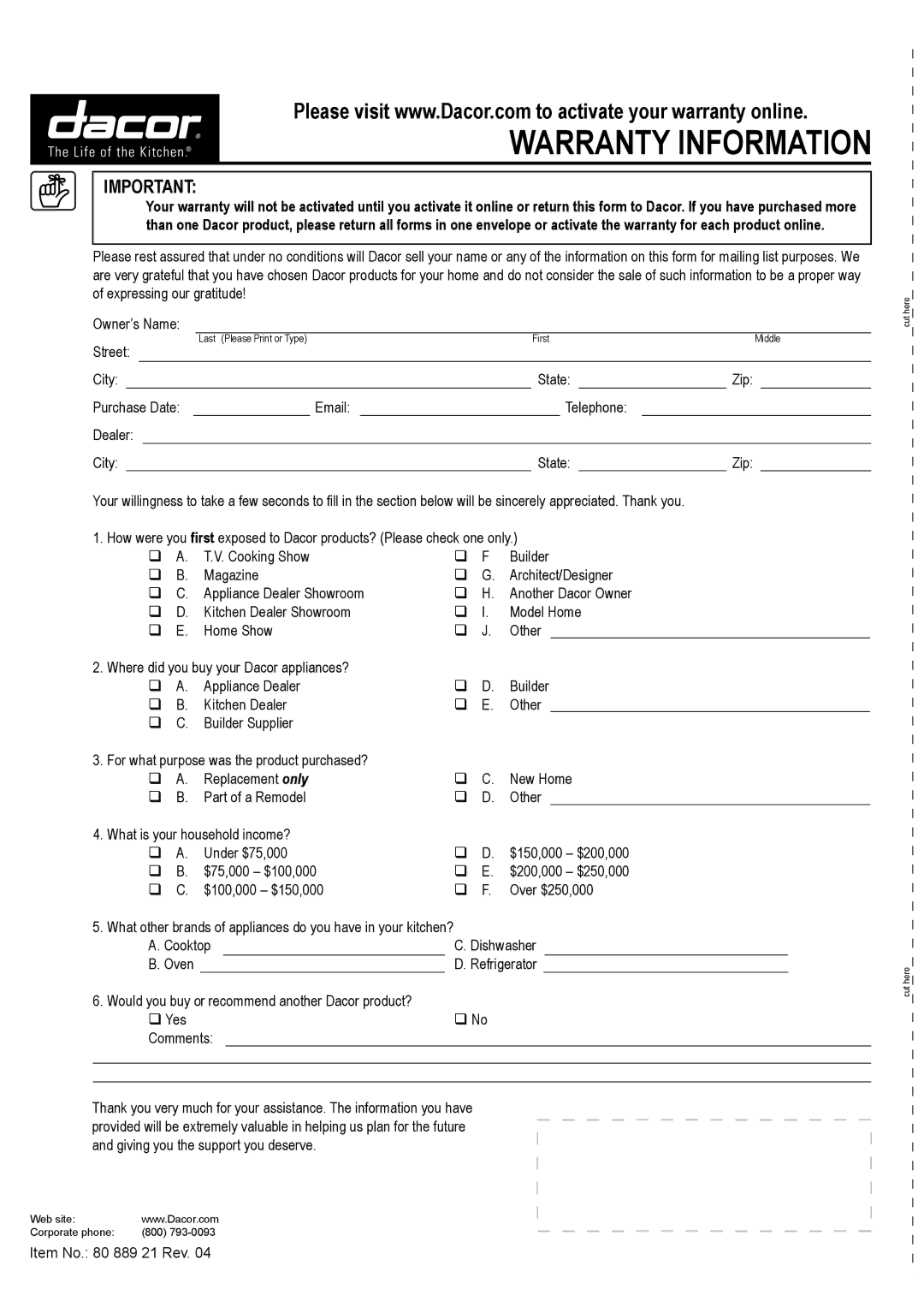 Dacor DDWF24S important safety instructions Warranty Information 